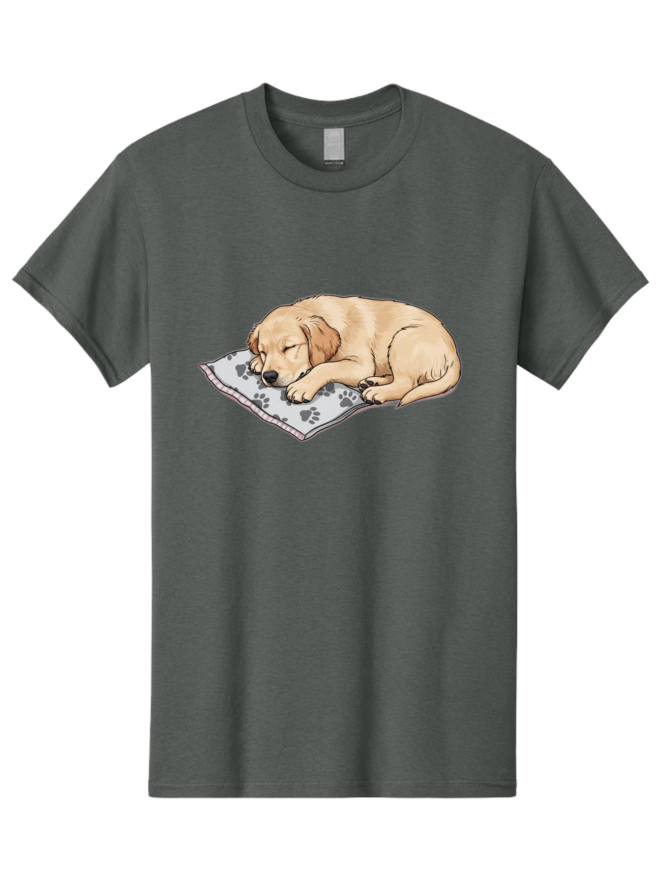 Puppy-Sleeping-On-Paw-Print-Blanket Men'S Graphic Tee, 100% Cotton, Comfortable Casual Summer Wear, Machine Washable, Sleeping Puppy, Golden Retriever, Animal Rest, Dog Blanket, Paw Prints, Cozy Atmosphere, Cartoon Illustration, Adorable Pet Bac351