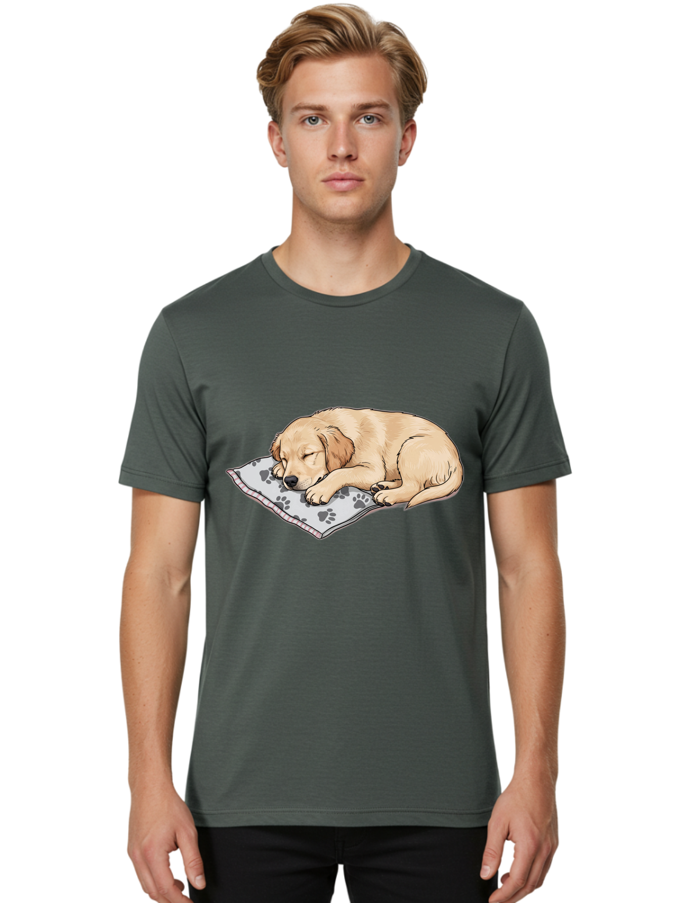 Puppy-Sleeping-On-Paw-Print-Blanket Men'S Graphic Tee, 100% Cotton, Comfortable Casual Summer Wear, Machine Washable, Sleeping Puppy, Golden Retriever, Animal Rest, Dog Blanket, Paw Prints, Cozy Atmosphere, Cartoon Illustration, Adorable Pet Bac351