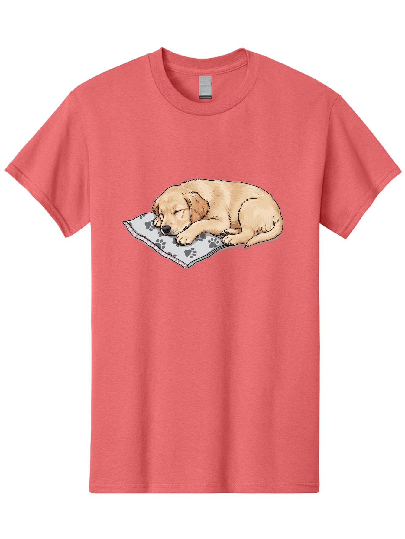 Puppy-Sleeping-On-Paw-Print-Blanket Men'S Graphic Tee, 100% Cotton, Comfortable Casual Summer Wear, Machine Washable, Sleeping Puppy, Golden Retriever, Animal Rest, Dog Blanket, Paw Prints, Cozy Atmosphere, Cartoon Illustration, Adorable Pet Bac351