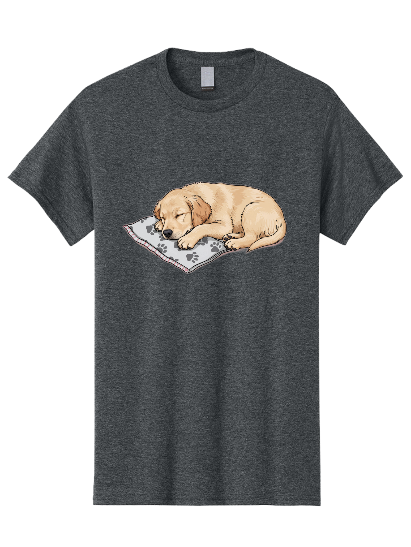 Puppy-Sleeping-On-Paw-Print-Blanket Men'S Graphic Tee, 100% Cotton, Comfortable Casual Summer Wear, Machine Washable, Sleeping Puppy, Golden Retriever, Animal Rest, Dog Blanket, Paw Prints, Cozy Atmosphere, Cartoon Illustration, Adorable Pet Bac351