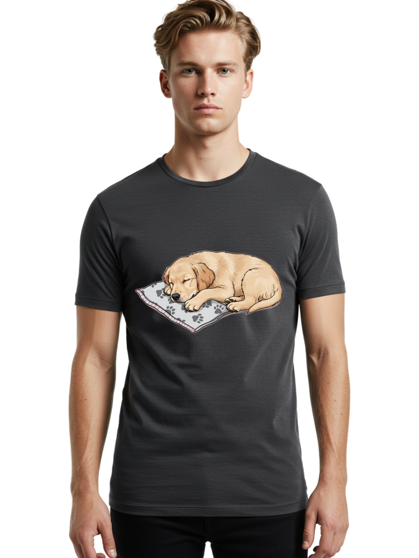 Puppy-Sleeping-On-Paw-Print-Blanket Men'S Graphic Tee, 100% Cotton, Comfortable Casual Summer Wear, Machine Washable, Sleeping Puppy, Golden Retriever, Animal Rest, Dog Blanket, Paw Prints, Cozy Atmosphere, Cartoon Illustration, Adorable Pet Bac351