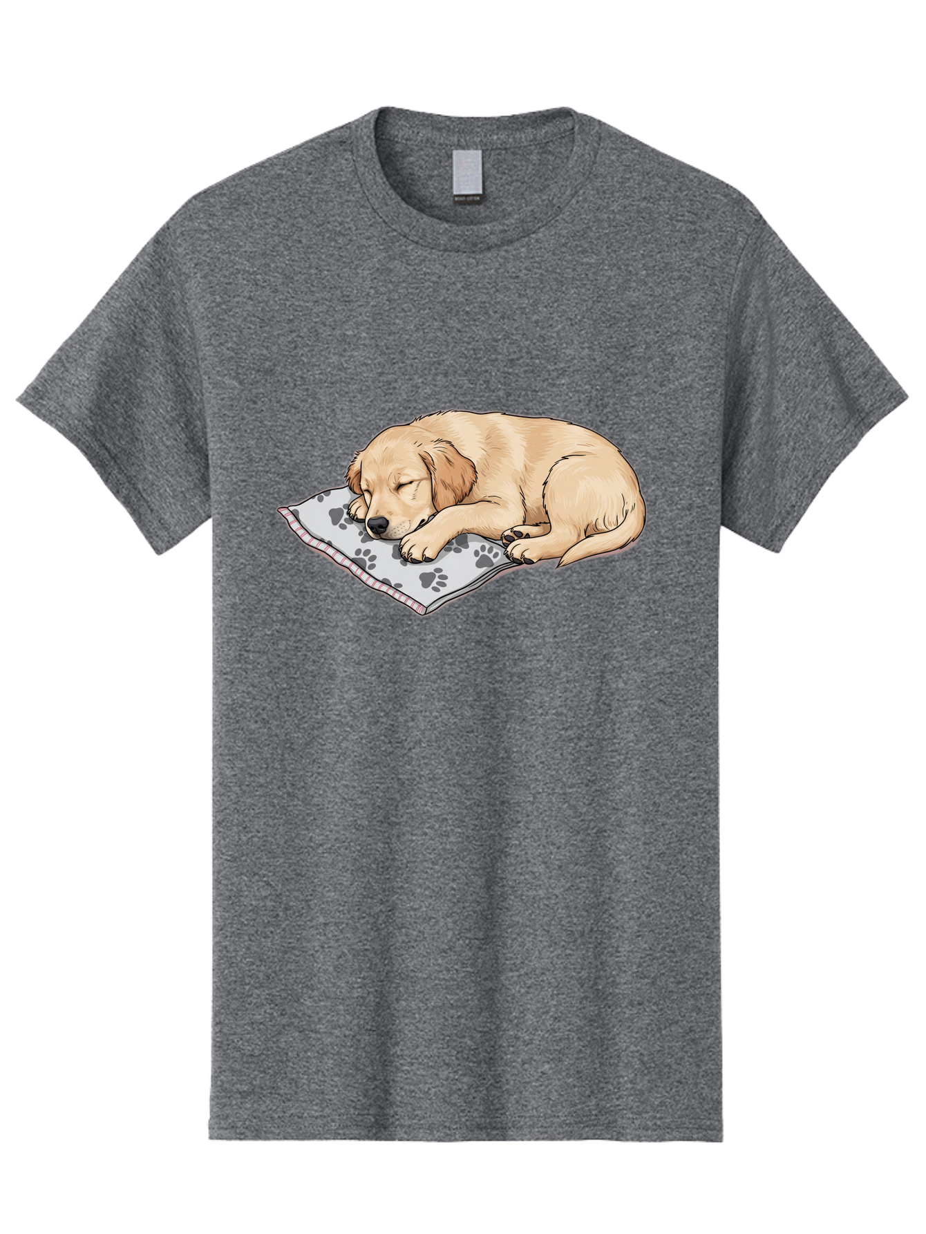 Puppy-Sleeping-On-Paw-Print-Blanket Men'S Graphic Tee, 100% Cotton, Comfortable Casual Summer Wear, Machine Washable, Sleeping Puppy, Golden Retriever, Animal Rest, Dog Blanket, Paw Prints, Cozy Atmosphere, Cartoon Illustration, Adorable Pet Bac351