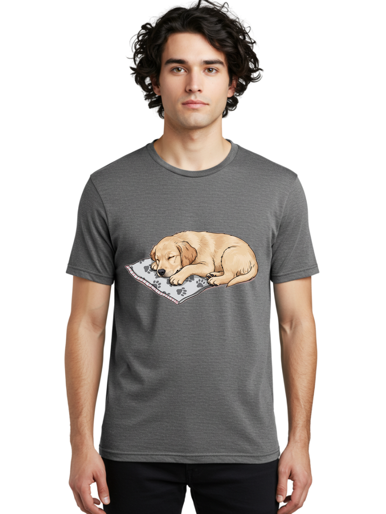 Puppy-Sleeping-On-Paw-Print-Blanket Men'S Graphic Tee, 100% Cotton, Comfortable Casual Summer Wear, Machine Washable, Sleeping Puppy, Golden Retriever, Animal Rest, Dog Blanket, Paw Prints, Cozy Atmosphere, Cartoon Illustration, Adorable Pet Bac351