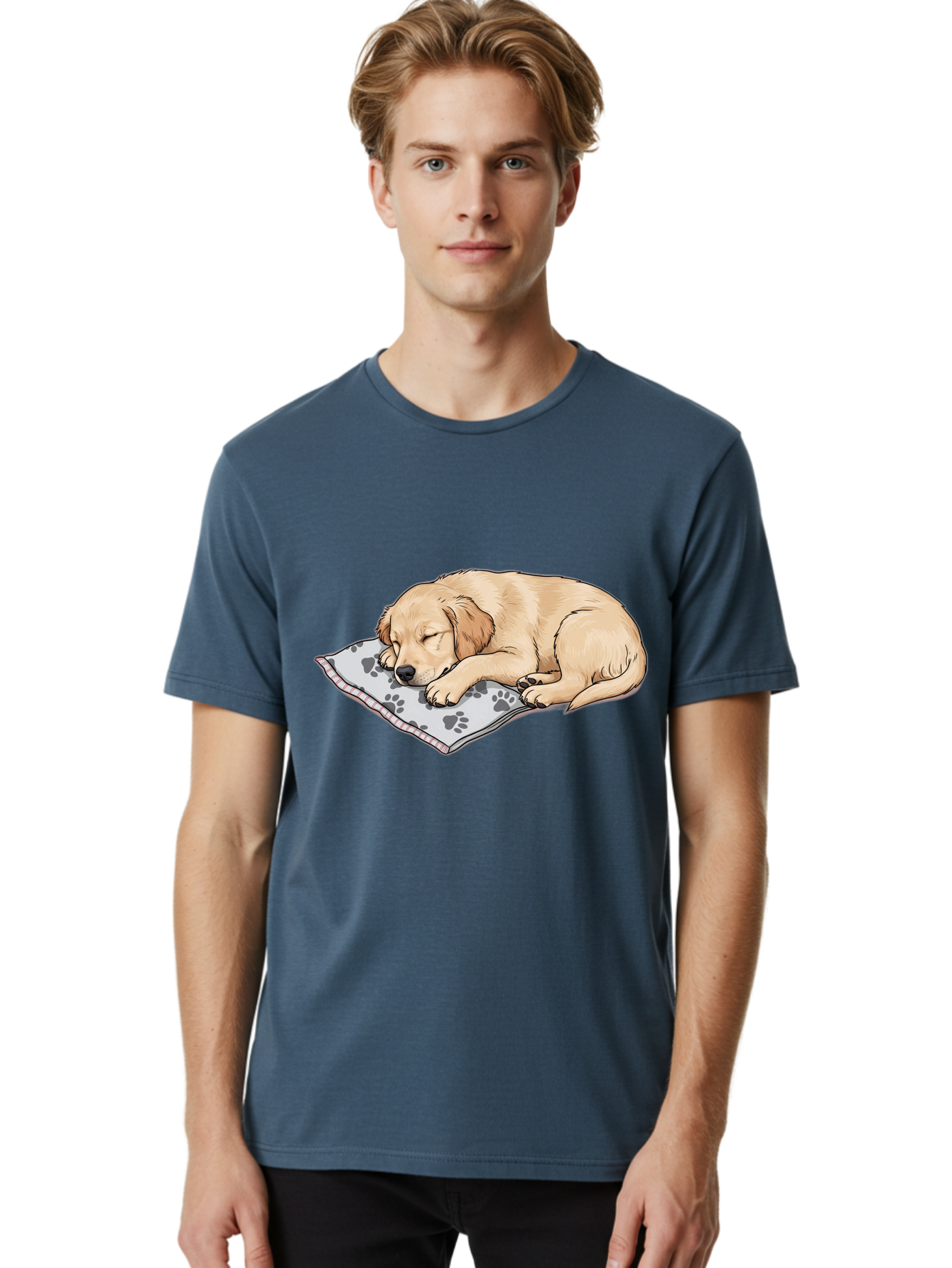 Puppy-Sleeping-On-Paw-Print-Blanket Men'S Graphic Tee, 100% Cotton, Comfortable Casual Summer Wear, Machine Washable, Sleeping Puppy, Golden Retriever, Animal Rest, Dog Blanket, Paw Prints, Cozy Atmosphere, Cartoon Illustration, Adorable Pet Bac351