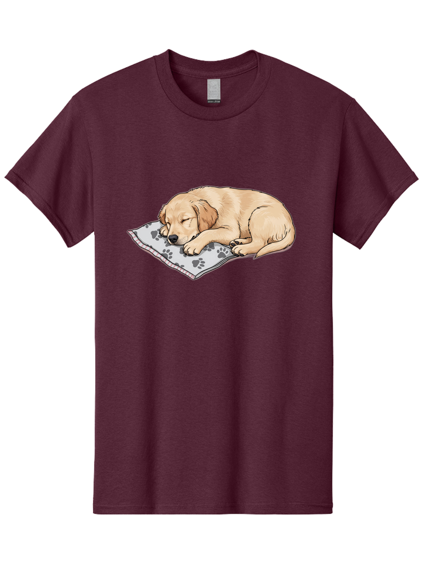 Puppy-Sleeping-On-Paw-Print-Blanket Men'S Graphic Tee, 100% Cotton, Comfortable Casual Summer Wear, Machine Washable, Sleeping Puppy, Golden Retriever, Animal Rest, Dog Blanket, Paw Prints, Cozy Atmosphere, Cartoon Illustration, Adorable Pet Bac351