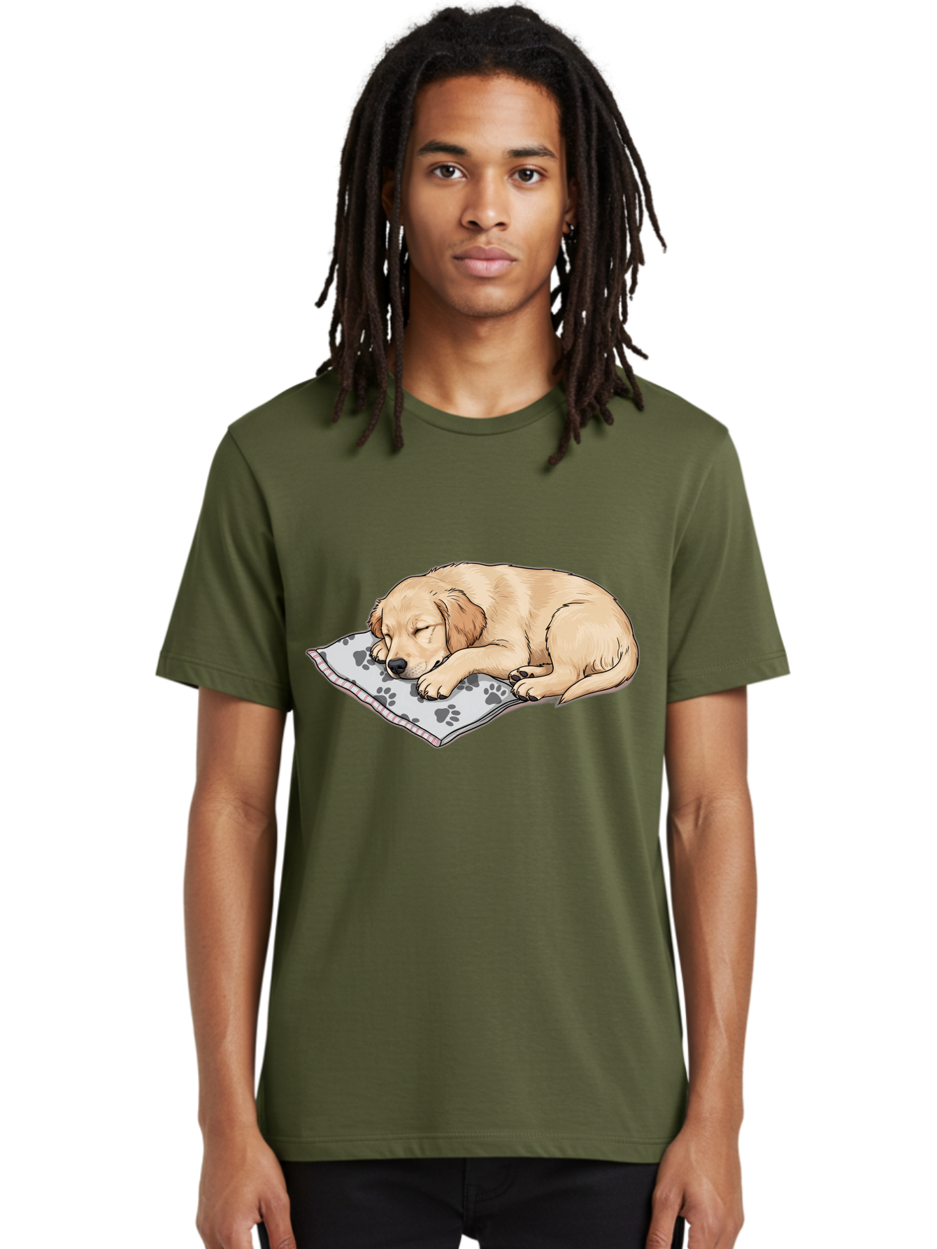 Puppy-Sleeping-On-Paw-Print-Blanket Men'S Graphic Tee, 100% Cotton, Comfortable Casual Summer Wear, Machine Washable, Sleeping Puppy, Golden Retriever, Animal Rest, Dog Blanket, Paw Prints, Cozy Atmosphere, Cartoon Illustration, Adorable Pet Bac351
