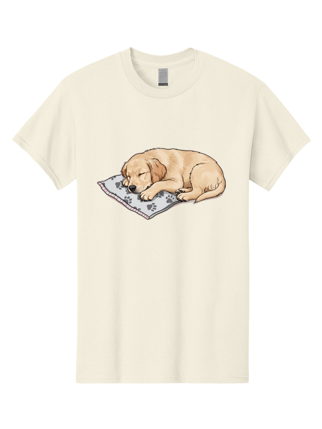 Puppy-Sleeping-On-Paw-Print-Blanket Men'S Graphic Tee, 100% Cotton, Comfortable Casual Summer Wear, Machine Washable, Sleeping Puppy, Golden Retriever, Animal Rest, Dog Blanket, Paw Prints, Cozy Atmosphere, Cartoon Illustration, Adorable Pet Bac351