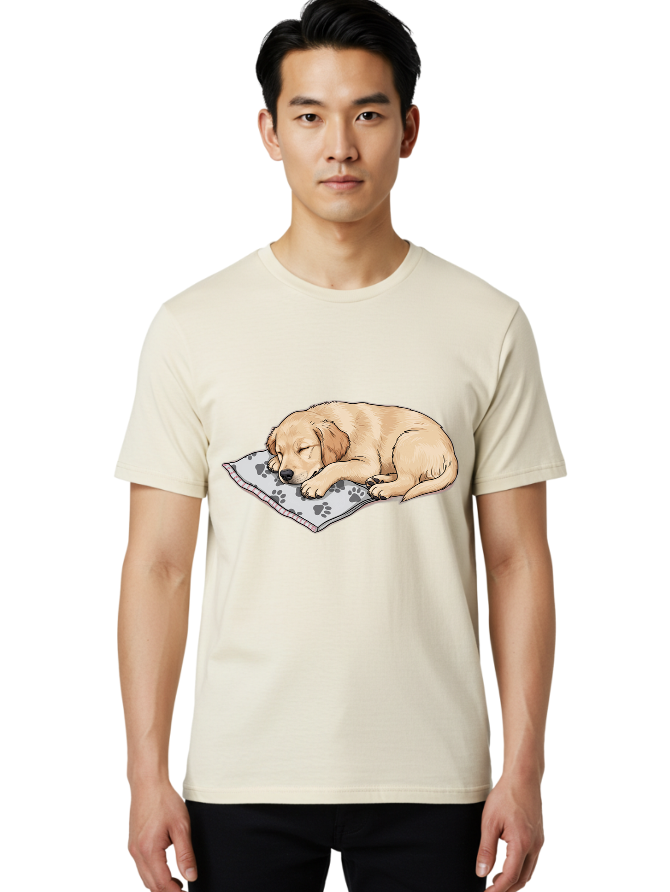 Puppy-Sleeping-On-Paw-Print-Blanket Men'S Graphic Tee, 100% Cotton, Comfortable Casual Summer Wear, Machine Washable, Sleeping Puppy, Golden Retriever, Animal Rest, Dog Blanket, Paw Prints, Cozy Atmosphere, Cartoon Illustration, Adorable Pet Bac351