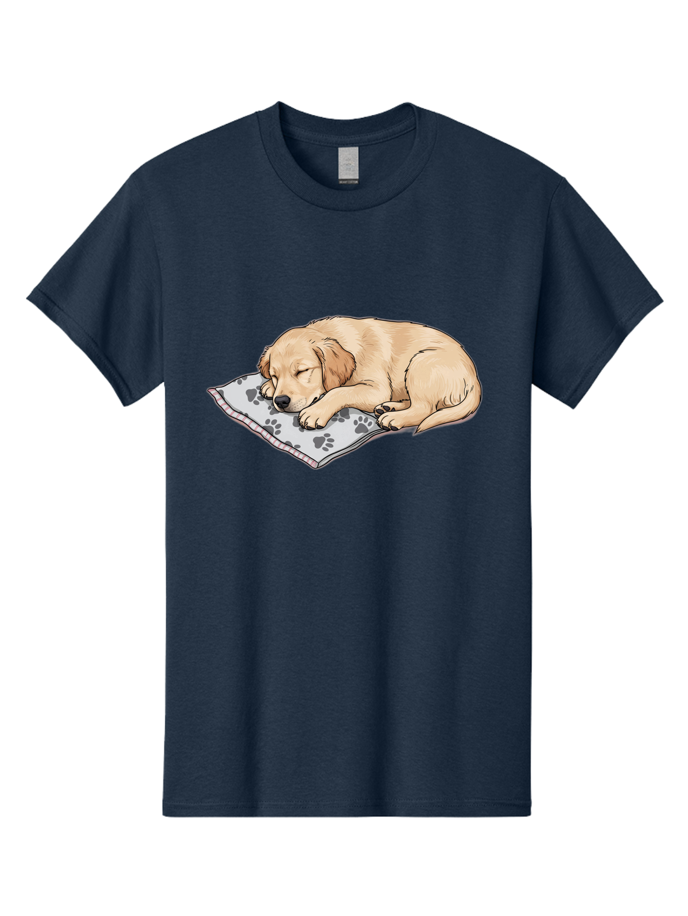 Puppy-Sleeping-On-Paw-Print-Blanket Men'S Graphic Tee, 100% Cotton, Comfortable Casual Summer Wear, Machine Washable, Sleeping Puppy, Golden Retriever, Animal Rest, Dog Blanket, Paw Prints, Cozy Atmosphere, Cartoon Illustration, Adorable Pet Bac351
