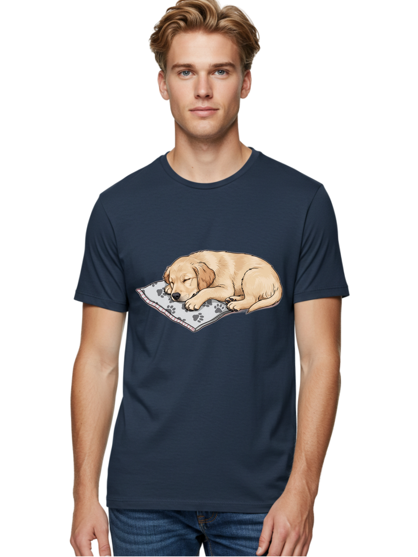 Puppy-Sleeping-On-Paw-Print-Blanket Men'S Graphic Tee, 100% Cotton, Comfortable Casual Summer Wear, Machine Washable, Sleeping Puppy, Golden Retriever, Animal Rest, Dog Blanket, Paw Prints, Cozy Atmosphere, Cartoon Illustration, Adorable Pet Bac351