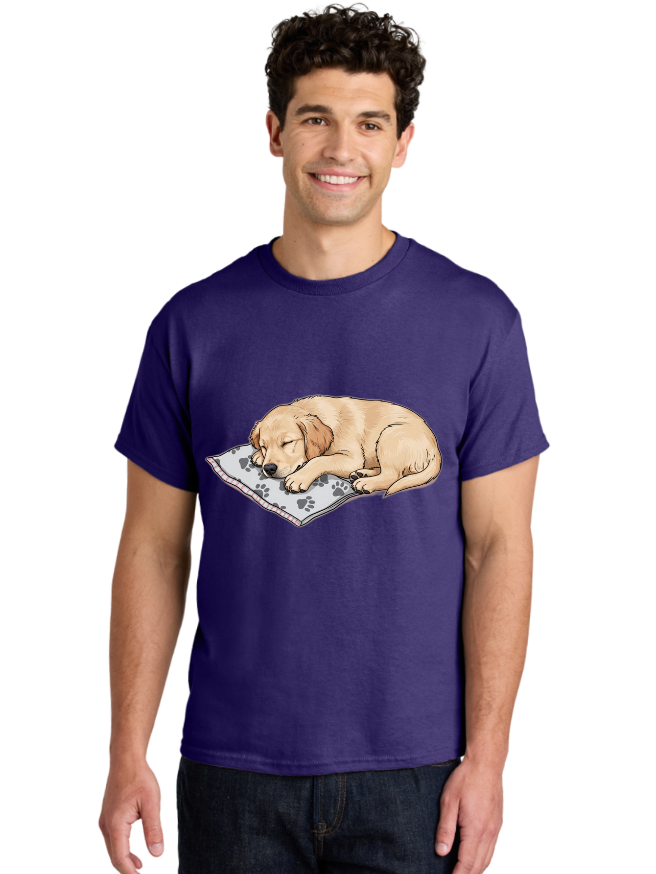 Puppy-Sleeping-On-Paw-Print-Blanket Men'S Graphic Tee, 100% Cotton, Comfortable Casual Summer Wear, Machine Washable, Sleeping Puppy, Golden Retriever, Animal Rest, Dog Blanket, Paw Prints, Cozy Atmosphere, Cartoon Illustration, Adorable Pet Bac351