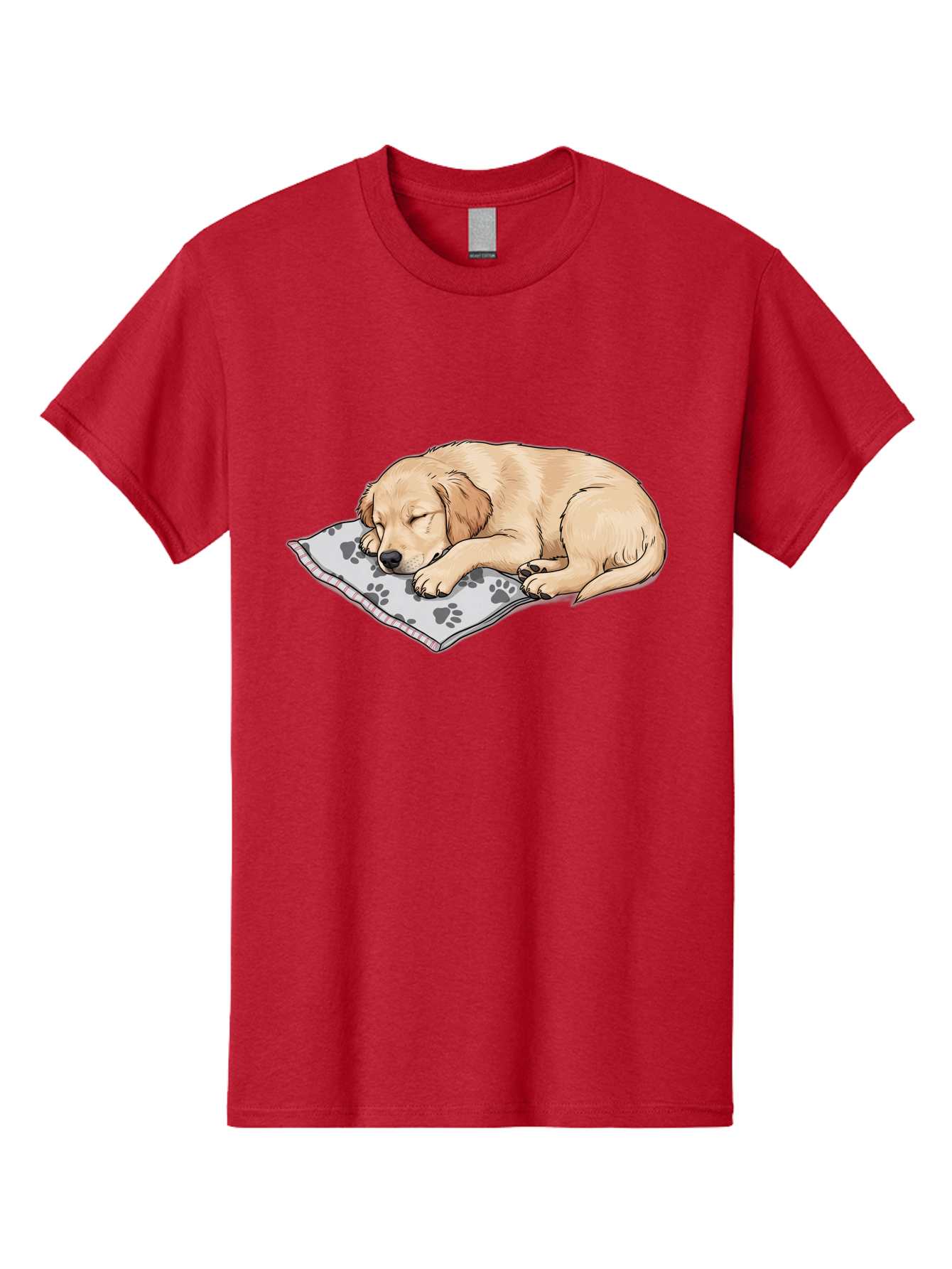 Puppy-Sleeping-On-Paw-Print-Blanket Men'S Graphic Tee, 100% Cotton, Comfortable Casual Summer Wear, Machine Washable, Sleeping Puppy, Golden Retriever, Animal Rest, Dog Blanket, Paw Prints, Cozy Atmosphere, Cartoon Illustration, Adorable Pet Bac351