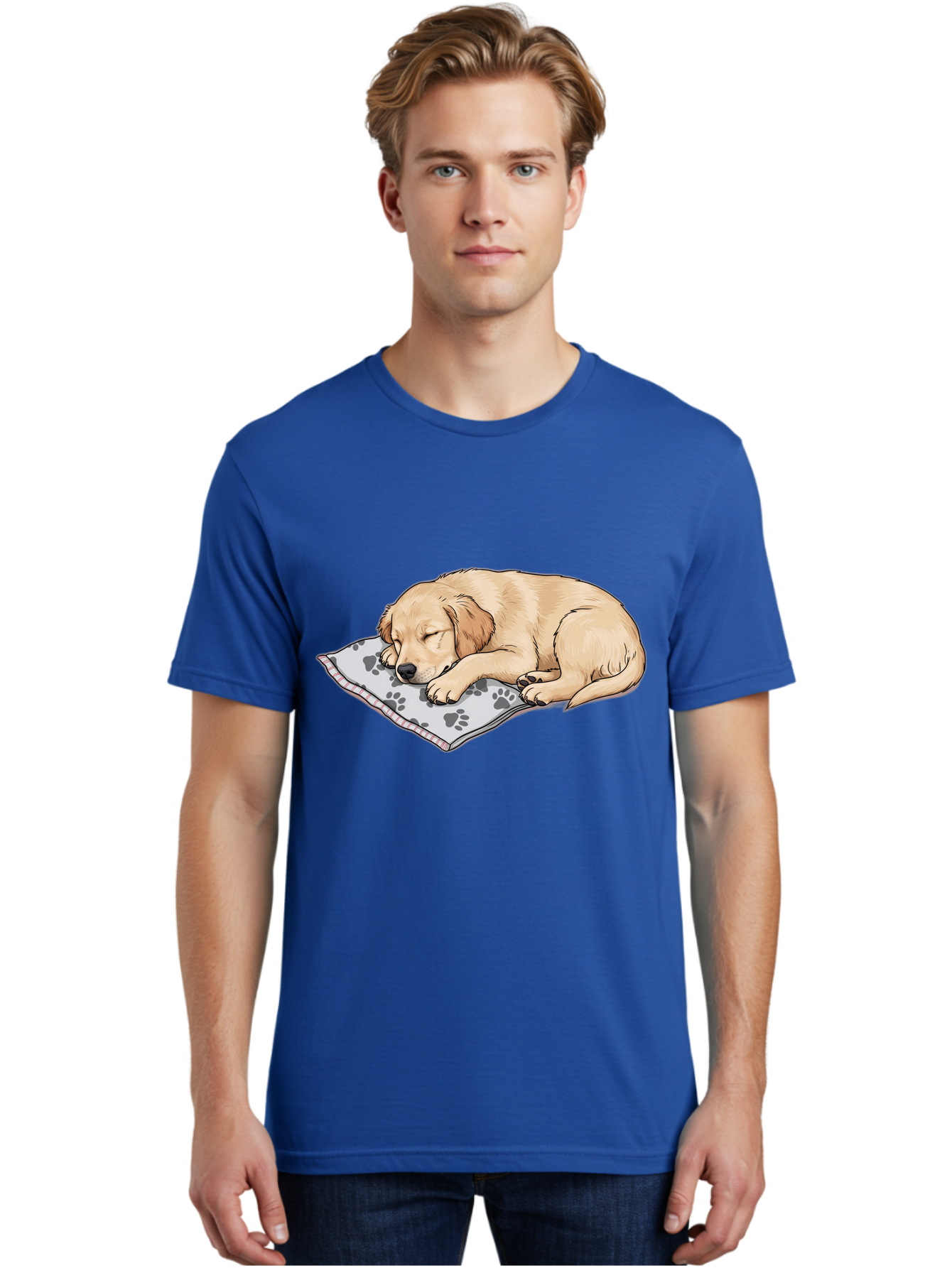 Puppy-Sleeping-On-Paw-Print-Blanket Men'S Graphic Tee, 100% Cotton, Comfortable Casual Summer Wear, Machine Washable, Sleeping Puppy, Golden Retriever, Animal Rest, Dog Blanket, Paw Prints, Cozy Atmosphere, Cartoon Illustration, Adorable Pet Bac351