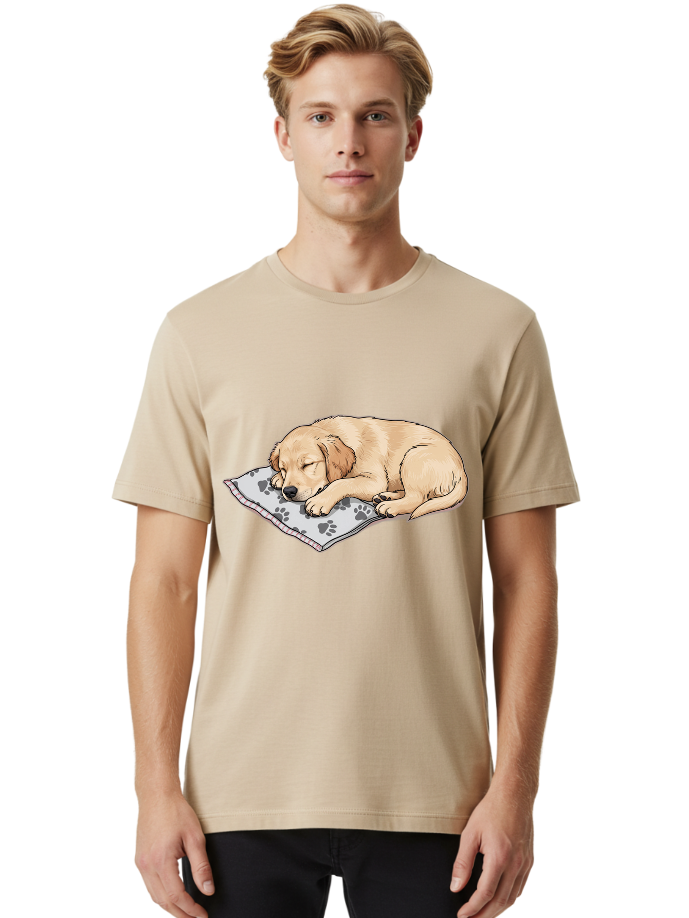 Puppy-Sleeping-On-Paw-Print-Blanket Men'S Graphic Tee, 100% Cotton, Comfortable Casual Summer Wear, Machine Washable, Sleeping Puppy, Golden Retriever, Animal Rest, Dog Blanket, Paw Prints, Cozy Atmosphere, Cartoon Illustration, Adorable Pet Bac351