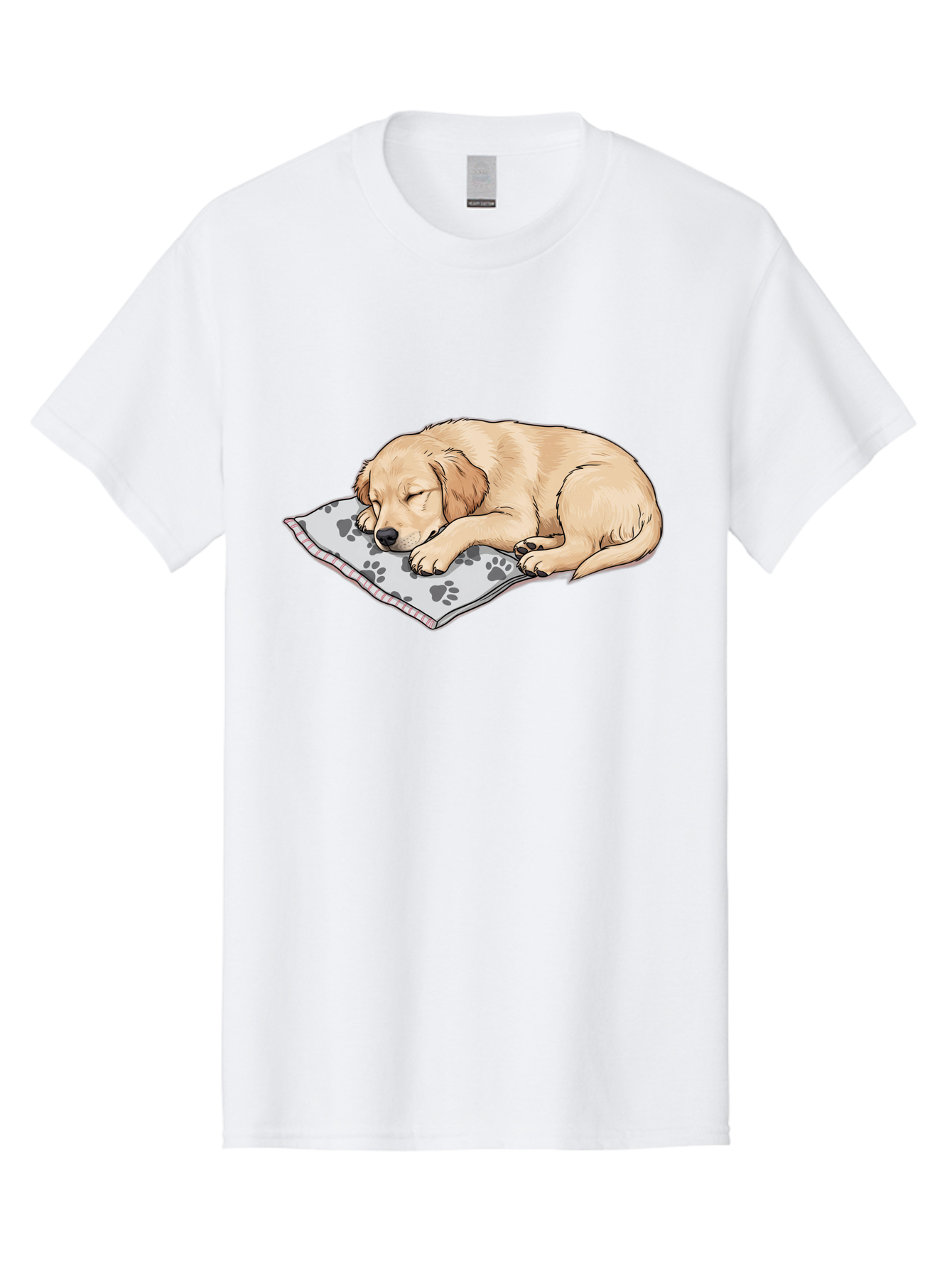 Puppy-Sleeping-On-Paw-Print-Blanket Men'S Graphic Tee, 100% Cotton, Comfortable Casual Summer Wear, Machine Washable, Sleeping Puppy, Golden Retriever, Animal Rest, Dog Blanket, Paw Prints, Cozy Atmosphere, Cartoon Illustration, Adorable Pet Bac351
