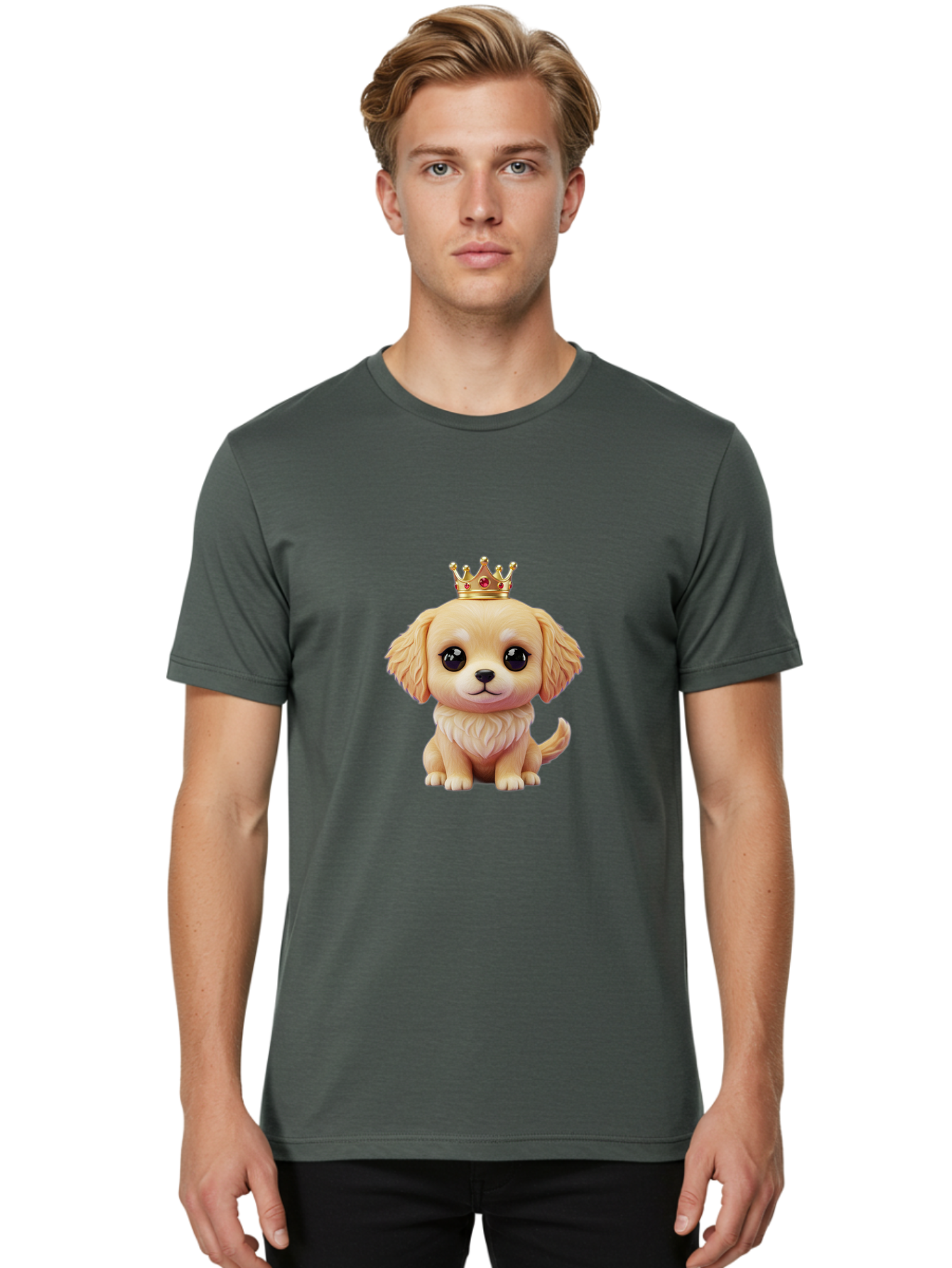 Puppy-With-Crown Men'S Graphic Tee, 100% Cotton, Comfortable Casual Summer Wear, Machine Washable, Cute Puppy, Golden Crown, Royal Treatment, Adorable Dog, Cartoon Style, Playful Expression, Fluffy Fur, Kawaii Culture, Dog Lover, Royalty, Bac352