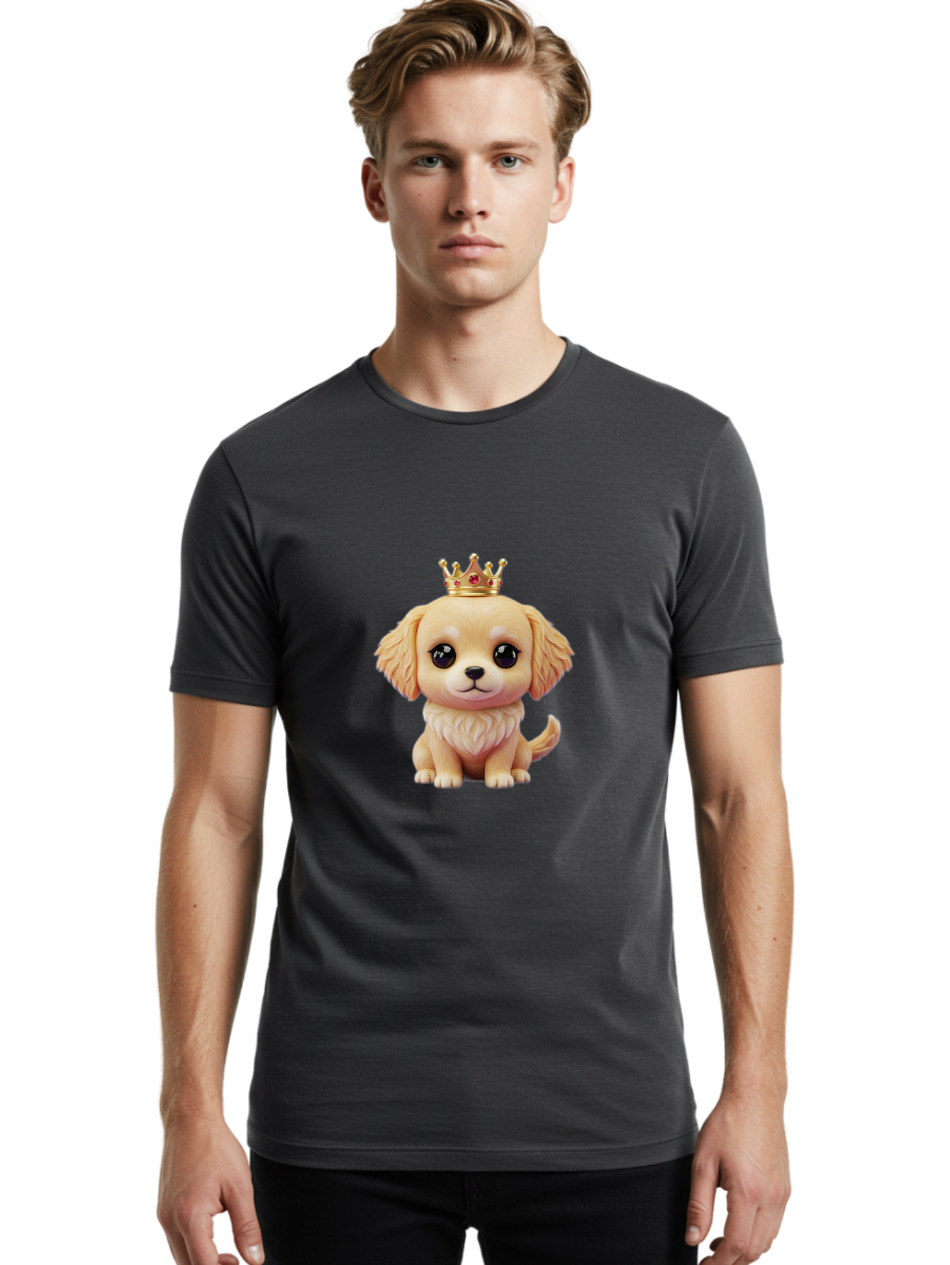 Puppy-With-Crown Men'S Graphic Tee, 100% Cotton, Comfortable Casual Summer Wear, Machine Washable, Cute Puppy, Golden Crown, Royal Treatment, Adorable Dog, Cartoon Style, Playful Expression, Fluffy Fur, Kawaii Culture, Dog Lover, Royalty, Bac352
