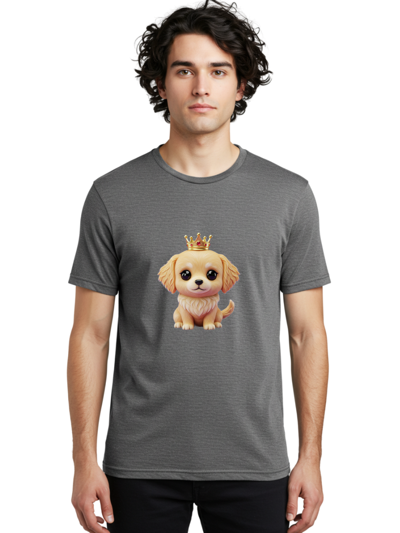 Puppy-With-Crown Men'S Graphic Tee, 100% Cotton, Comfortable Casual Summer Wear, Machine Washable, Cute Puppy, Golden Crown, Royal Treatment, Adorable Dog, Cartoon Style, Playful Expression, Fluffy Fur, Kawaii Culture, Dog Lover, Royalty, Bac352