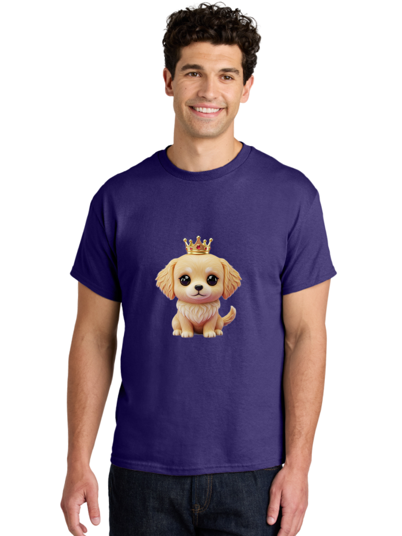 Puppy-With-Crown Men'S Graphic Tee, 100% Cotton, Comfortable Casual Summer Wear, Machine Washable, Cute Puppy, Golden Crown, Royal Treatment, Adorable Dog, Cartoon Style, Playful Expression, Fluffy Fur, Kawaii Culture, Dog Lover, Royalty, Bac352