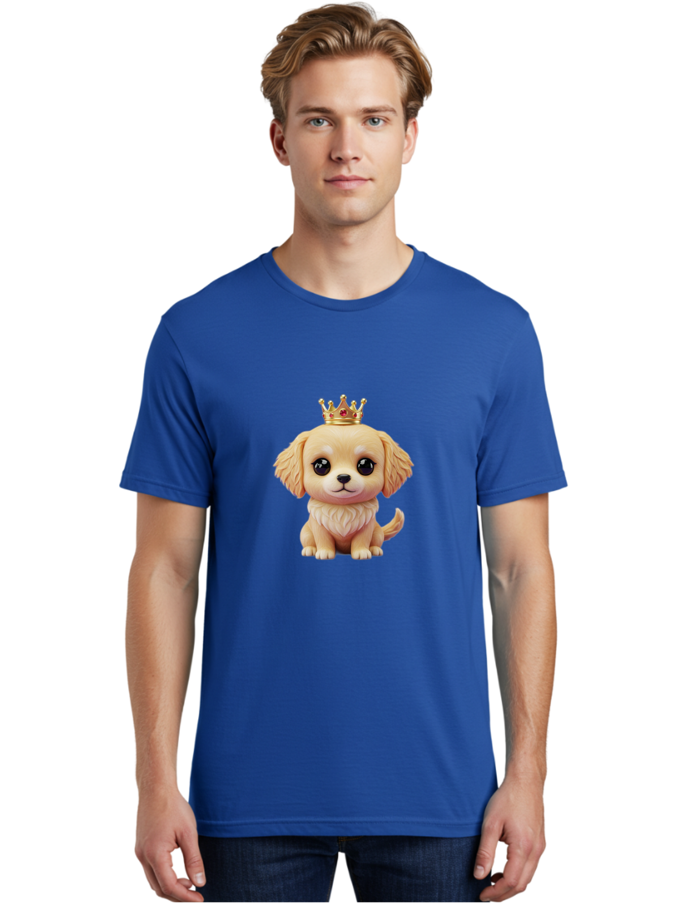 Puppy-With-Crown Men'S Graphic Tee, 100% Cotton, Comfortable Casual Summer Wear, Machine Washable, Cute Puppy, Golden Crown, Royal Treatment, Adorable Dog, Cartoon Style, Playful Expression, Fluffy Fur, Kawaii Culture, Dog Lover, Royalty, Bac352