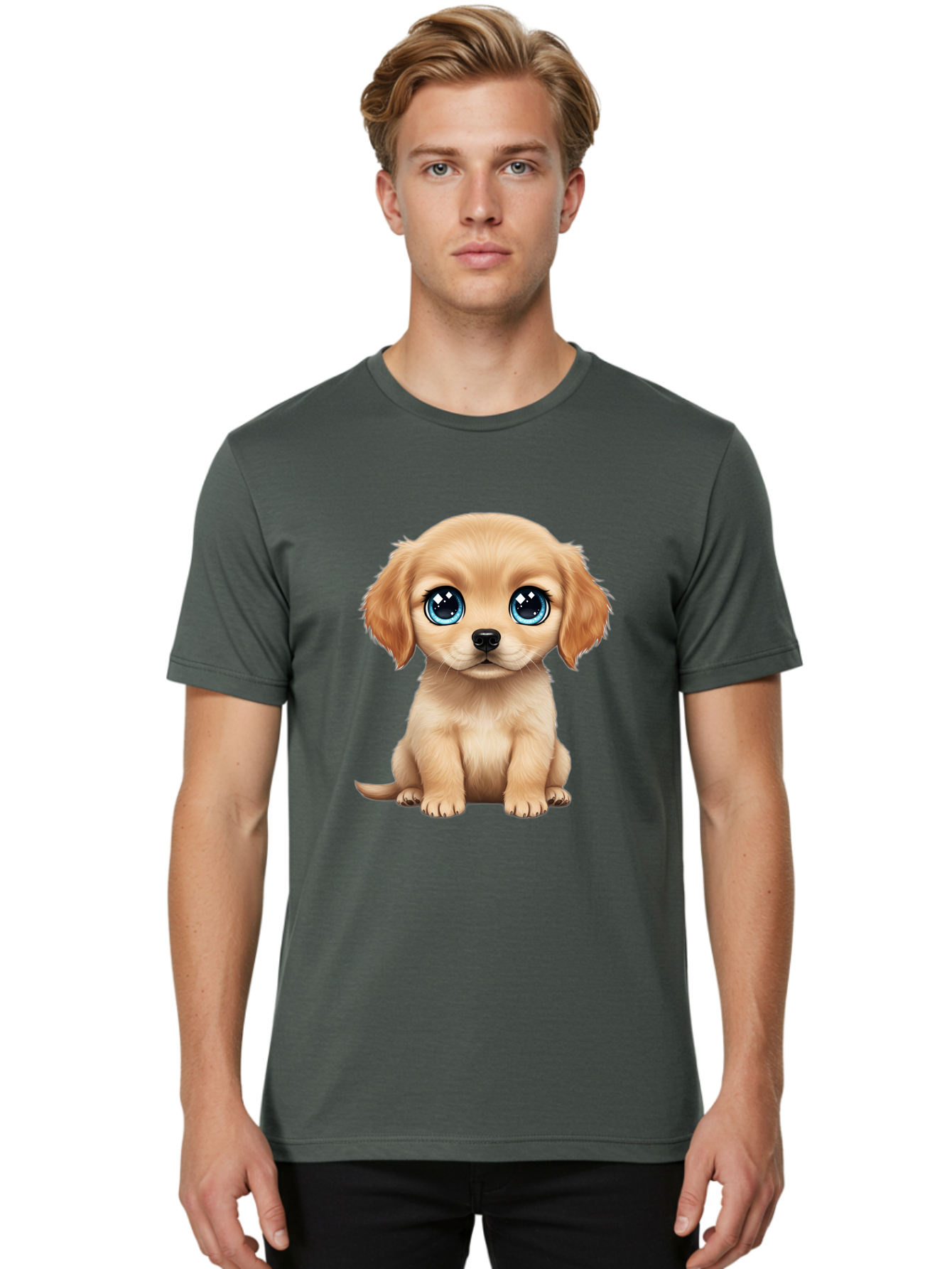 Puppy Men'S Graphic Tee, 100% Cotton, Comfortable Casual Summer Wear, Machine Washable, Adorable Puppy, Cute Dog, Blue Eyes, Fluffy Fur, Sweet Expression, Endearing Animal, Furry Friend, Digital Art, Cartoon Character, Playful, Charming Bac353