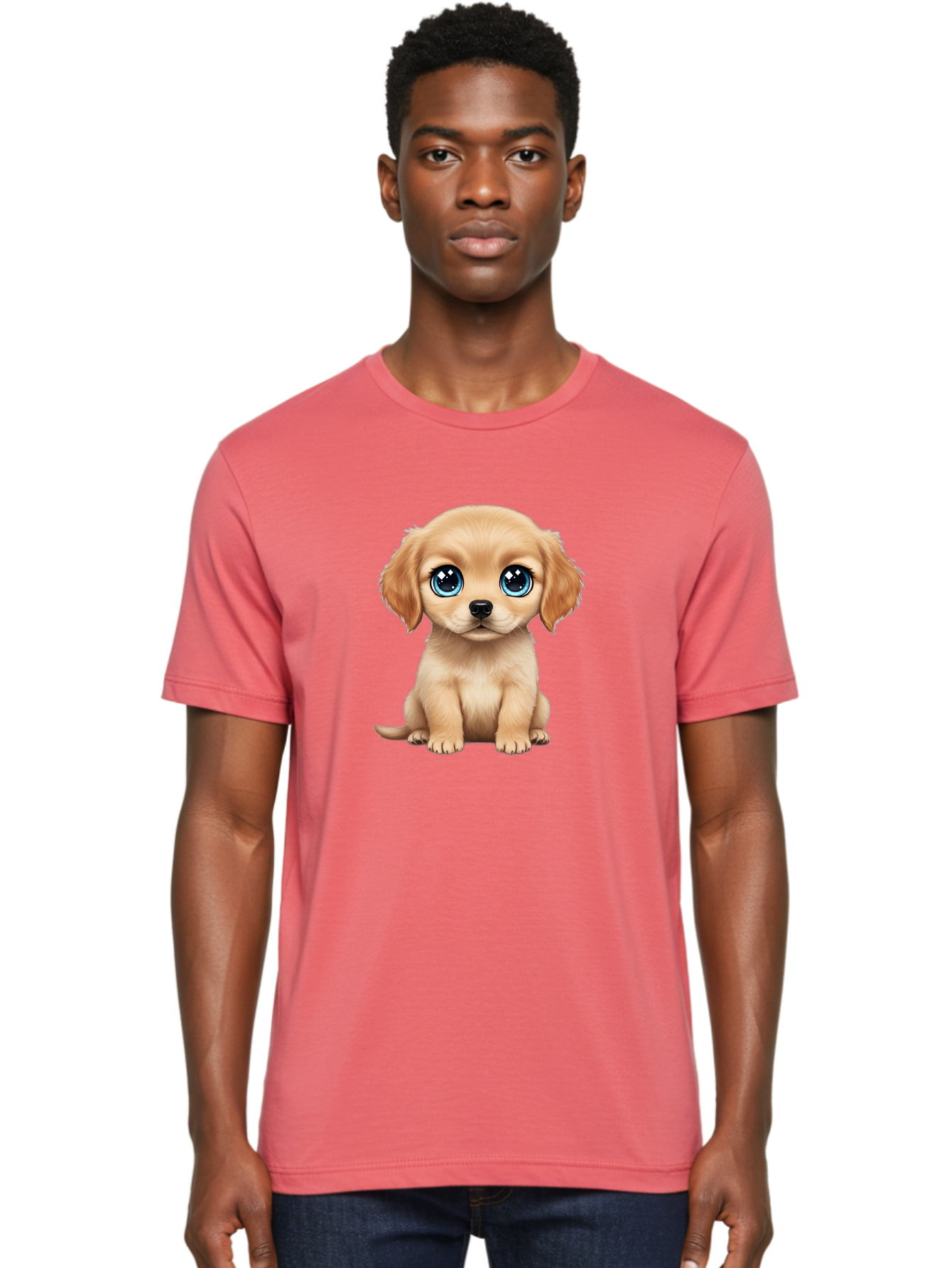 Puppy Men'S Graphic Tee, 100% Cotton, Comfortable Casual Summer Wear, Machine Washable, Adorable Puppy, Cute Dog, Blue Eyes, Fluffy Fur, Sweet Expression, Endearing Animal, Furry Friend, Digital Art, Cartoon Character, Playful, Charming Bac353