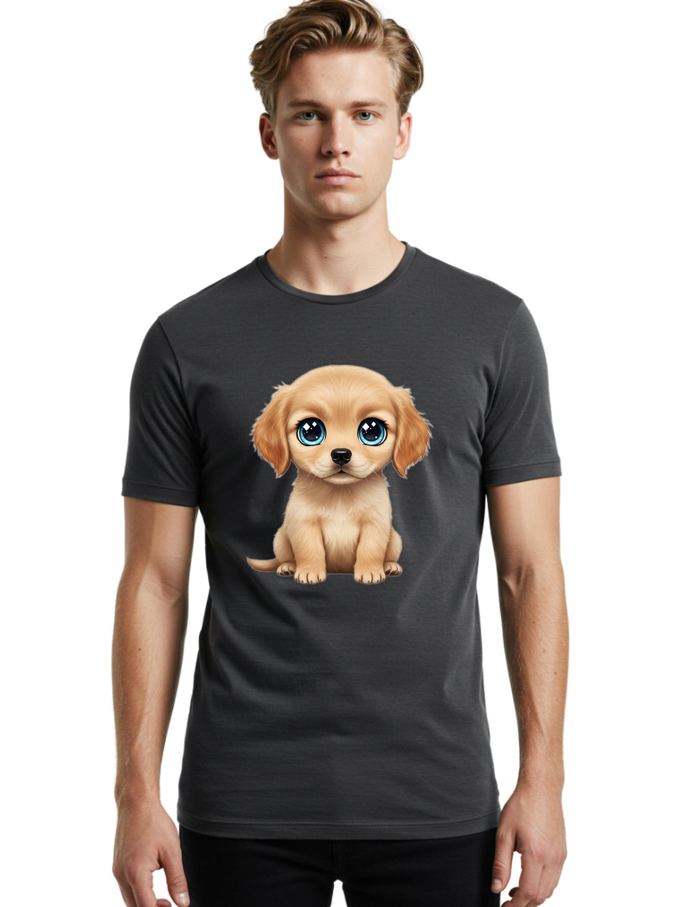 Puppy Men'S Graphic Tee, 100% Cotton, Comfortable Casual Summer Wear, Machine Washable, Adorable Puppy, Cute Dog, Blue Eyes, Fluffy Fur, Sweet Expression, Endearing Animal, Furry Friend, Digital Art, Cartoon Character, Playful, Charming Bac353