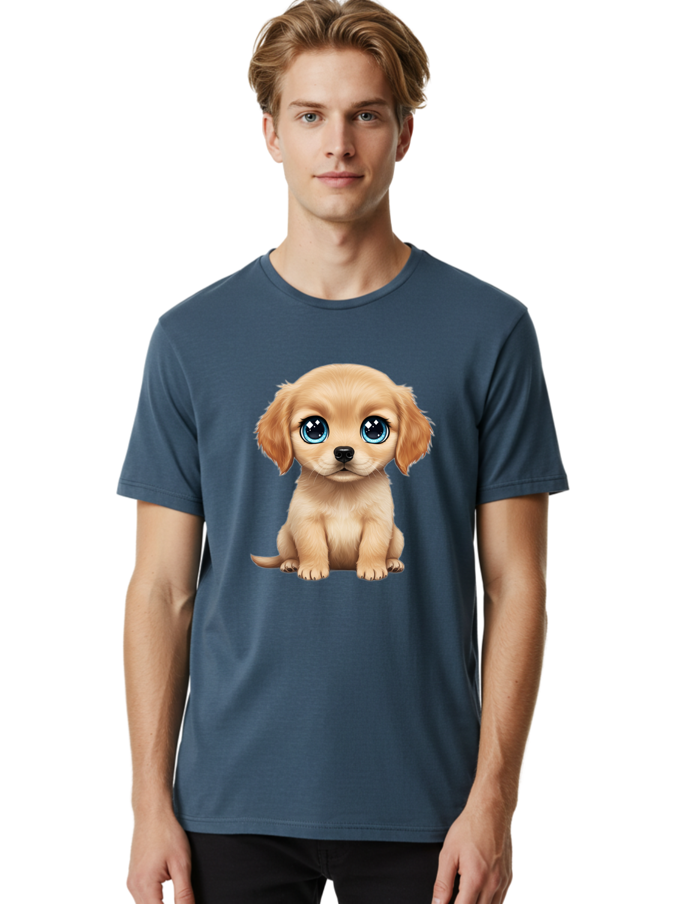Puppy Men'S Graphic Tee, 100% Cotton, Comfortable Casual Summer Wear, Machine Washable, Adorable Puppy, Cute Dog, Blue Eyes, Fluffy Fur, Sweet Expression, Endearing Animal, Furry Friend, Digital Art, Cartoon Character, Playful, Charming Bac353