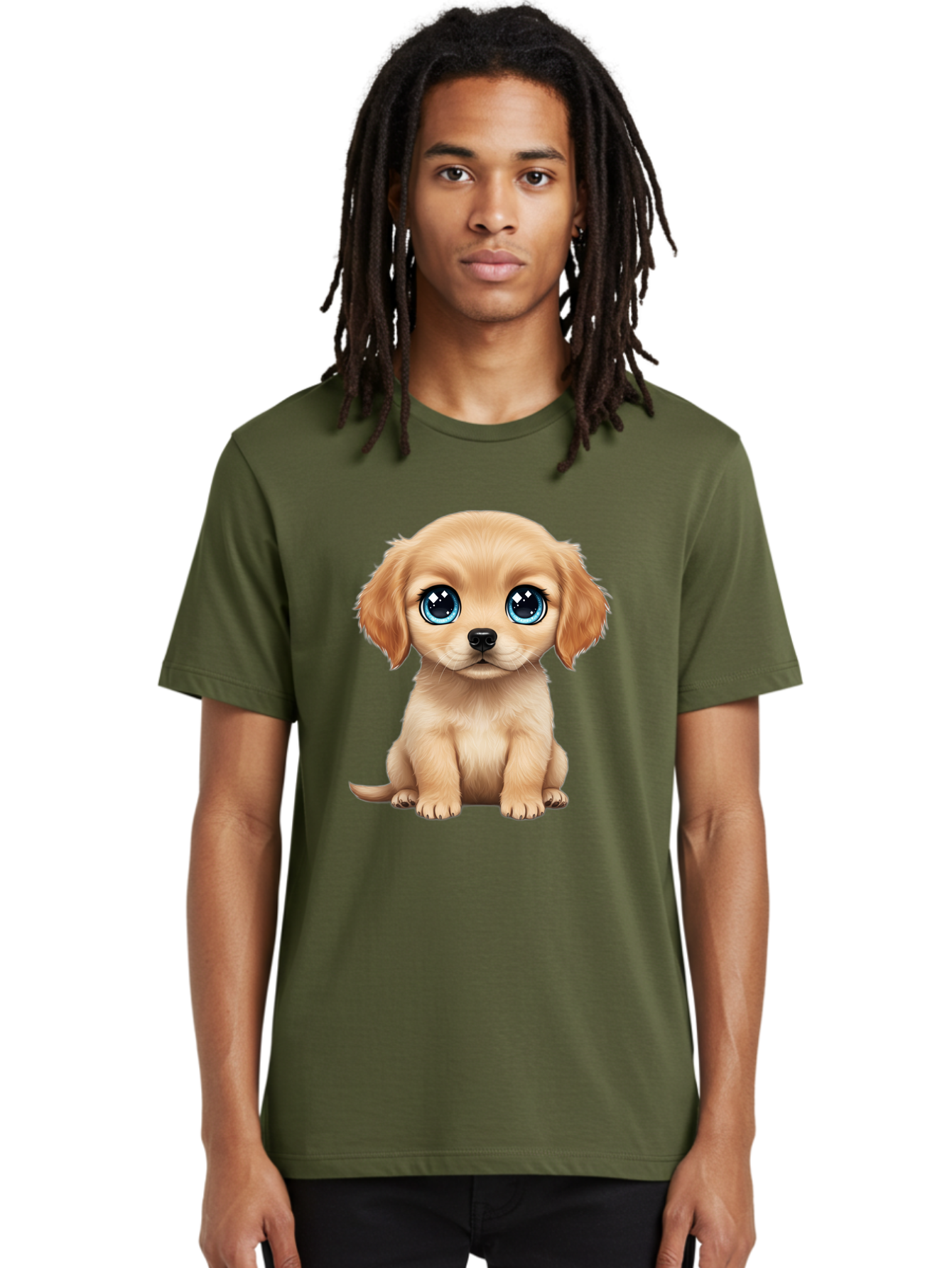 Puppy Men'S Graphic Tee, 100% Cotton, Comfortable Casual Summer Wear, Machine Washable, Adorable Puppy, Cute Dog, Blue Eyes, Fluffy Fur, Sweet Expression, Endearing Animal, Furry Friend, Digital Art, Cartoon Character, Playful, Charming Bac353