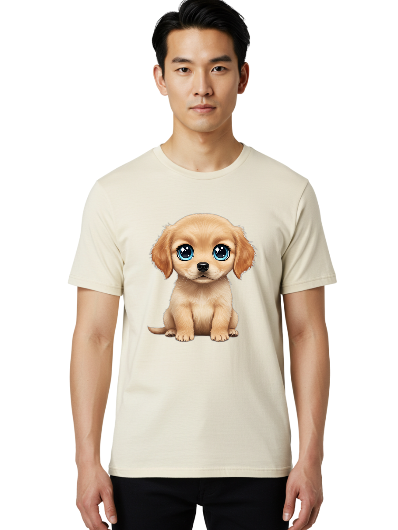 Puppy Men'S Graphic Tee, 100% Cotton, Comfortable Casual Summer Wear, Machine Washable, Adorable Puppy, Cute Dog, Blue Eyes, Fluffy Fur, Sweet Expression, Endearing Animal, Furry Friend, Digital Art, Cartoon Character, Playful, Charming Bac353