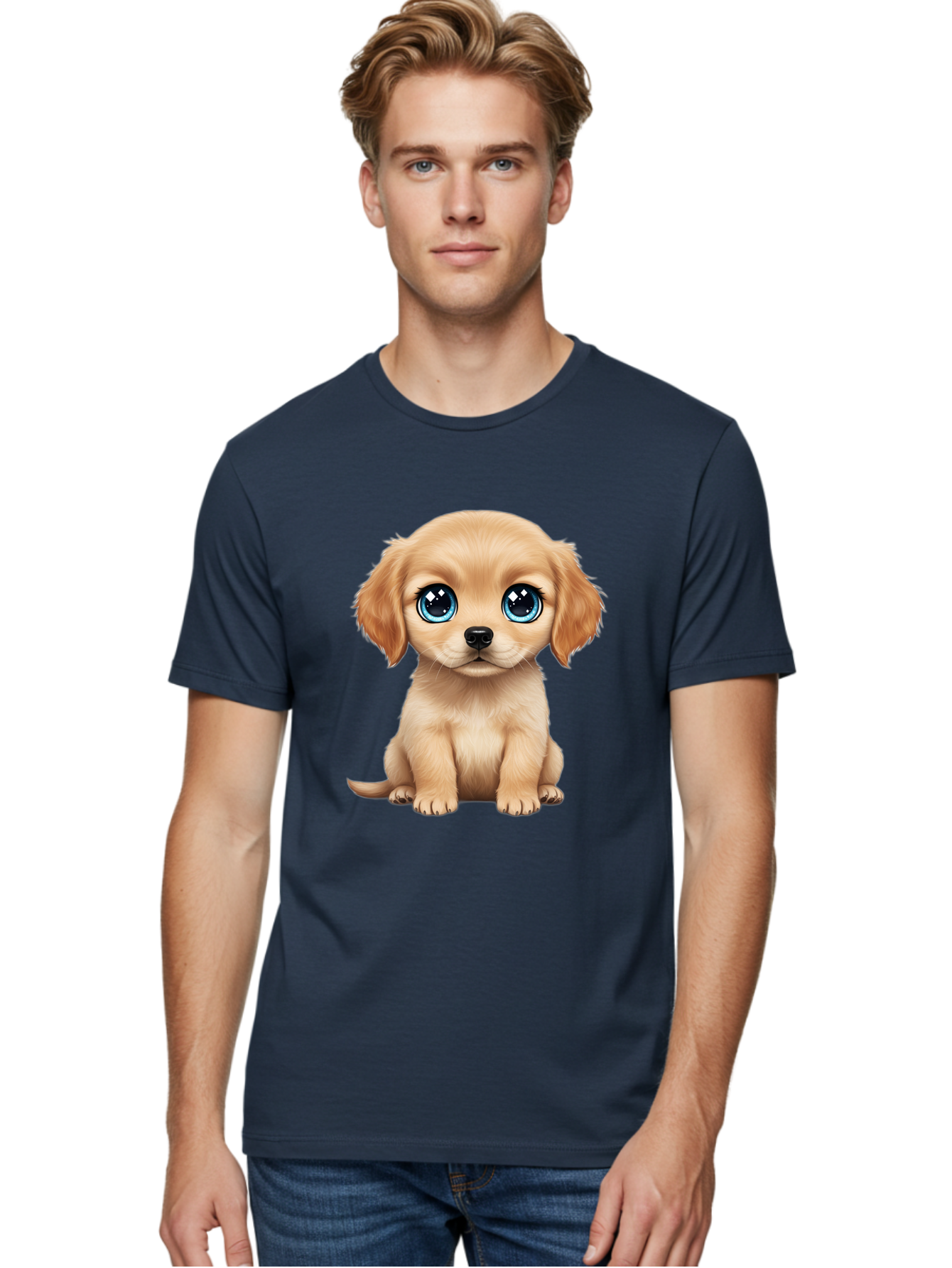 Puppy Men'S Graphic Tee, 100% Cotton, Comfortable Casual Summer Wear, Machine Washable, Adorable Puppy, Cute Dog, Blue Eyes, Fluffy Fur, Sweet Expression, Endearing Animal, Furry Friend, Digital Art, Cartoon Character, Playful, Charming Bac353