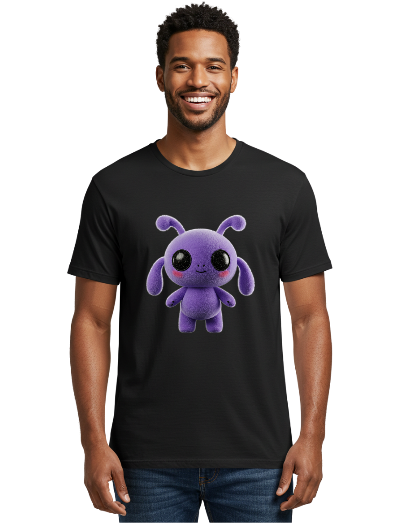 Purple-Alien Men'S Graphic Tee, 100% Cotton, Comfortable Casual Summer Wear, Machine Washable, Cute Alien Character, Soft Plush Toy, Purple Creature, Big Black Eyes, Smiling Face, Fluffy Texture, Whimsical Design, Adorable Illustration, Bac355