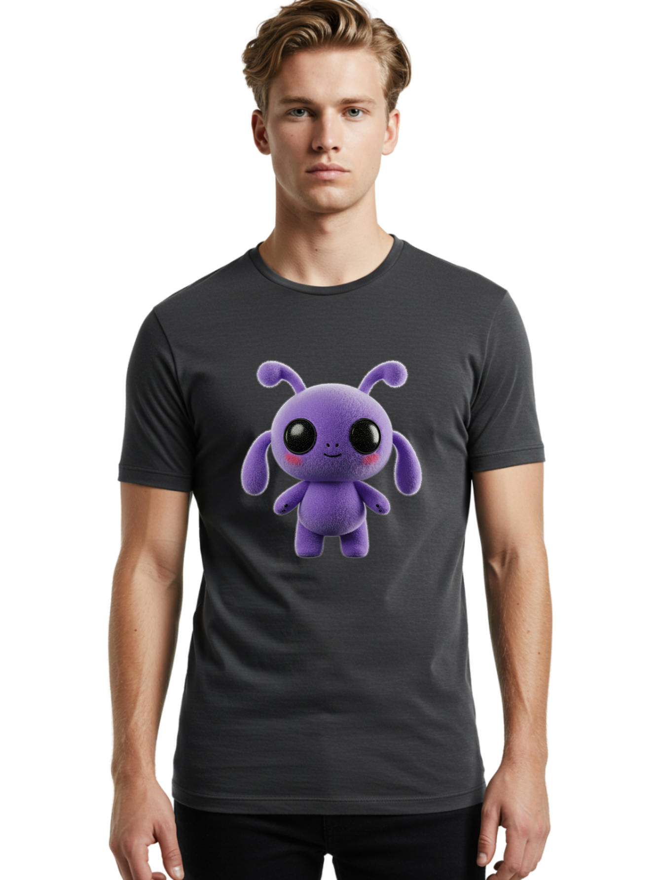 Purple-Alien Men'S Graphic Tee, 100% Cotton, Comfortable Casual Summer Wear, Machine Washable, Cute Alien Character, Soft Plush Toy, Purple Creature, Big Black Eyes, Smiling Face, Fluffy Texture, Whimsical Design, Adorable Illustration, Bac355