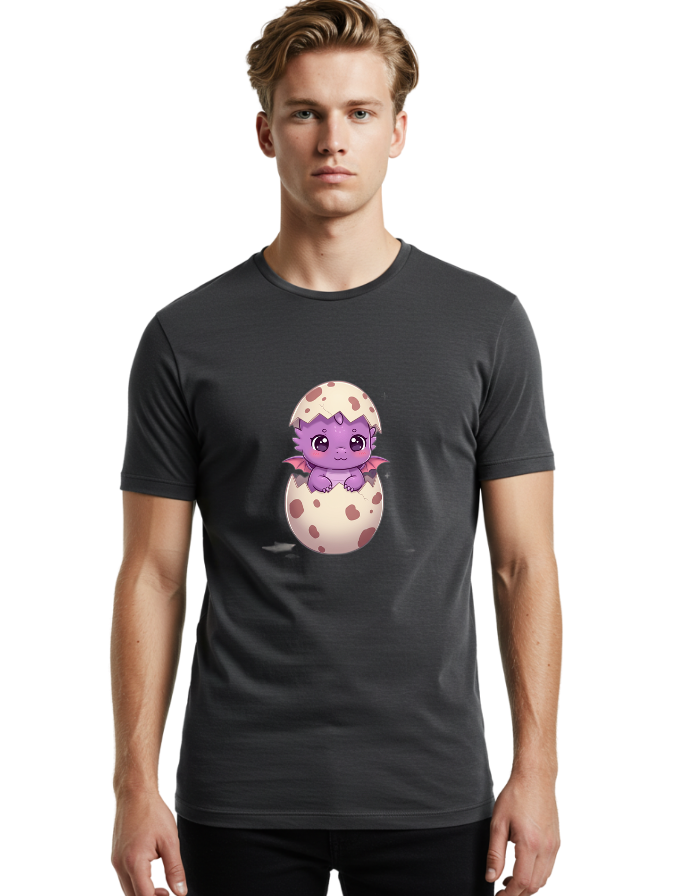 Purple-Dragon-Hatching Men'S Graphic Tee, 100% Cotton, Comfortable Casual Summer Wear, Machine Washable, Cute Dragon Hatching, Adorable Creature, Fantasy Art, Purple Dragon, Eggshell, Cartoon Character, Nursery Decor, Baby Dragon, Bac356