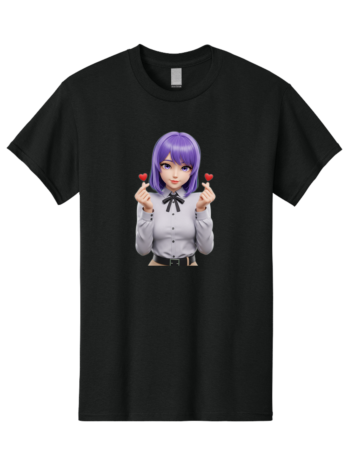 Purple-Hair-Anime-Girl Men'S Graphic Tee, 100% Cotton, Comfortable Casual Summer Wear, Machine Washable, Anime Style Girl, Purple Hair, White Shirt, Black Bow, Hearts On Fingers, Cute Expression, 3D Rendering, Digital Art, Kawaii Character, Bac357