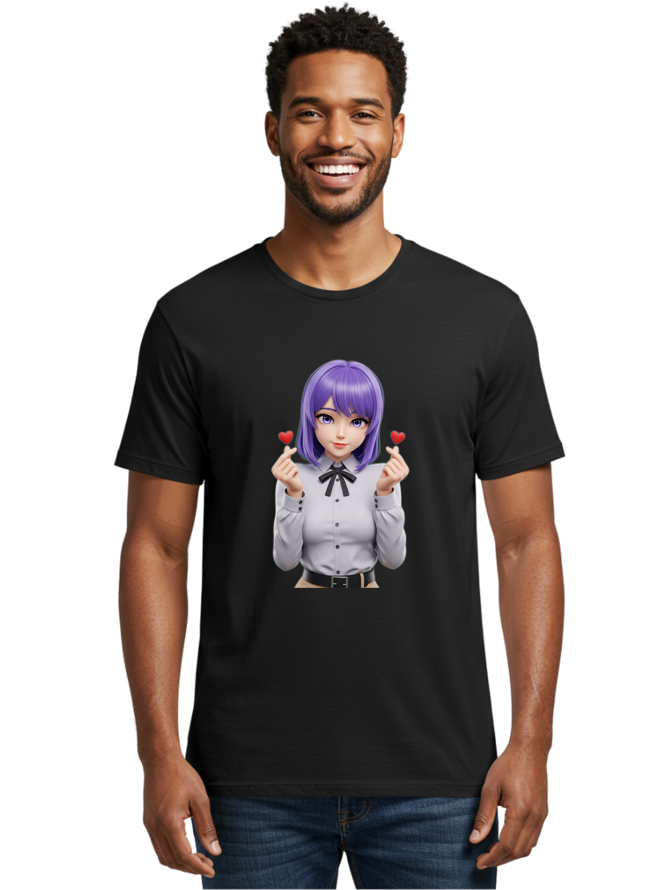 Purple-Hair-Anime-Girl Men'S Graphic Tee, 100% Cotton, Comfortable Casual Summer Wear, Machine Washable, Anime Style Girl, Purple Hair, White Shirt, Black Bow, Hearts On Fingers, Cute Expression, 3D Rendering, Digital Art, Kawaii Character, Bac357