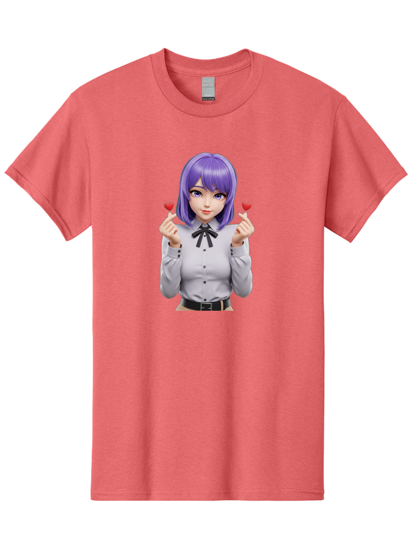 Purple-Hair-Anime-Girl Men'S Graphic Tee, 100% Cotton, Comfortable Casual Summer Wear, Machine Washable, Anime Style Girl, Purple Hair, White Shirt, Black Bow, Hearts On Fingers, Cute Expression, 3D Rendering, Digital Art, Kawaii Character, Bac357