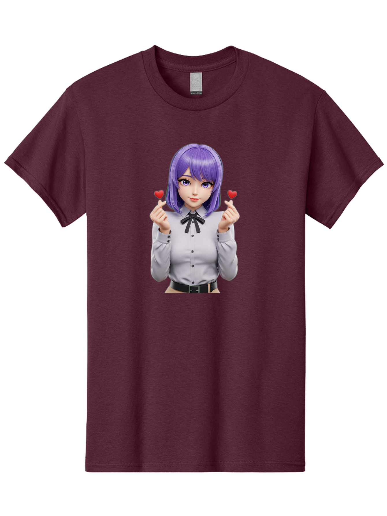 Purple-Hair-Anime-Girl Men'S Graphic Tee, 100% Cotton, Comfortable Casual Summer Wear, Machine Washable, Anime Style Girl, Purple Hair, White Shirt, Black Bow, Hearts On Fingers, Cute Expression, 3D Rendering, Digital Art, Kawaii Character, Bac357