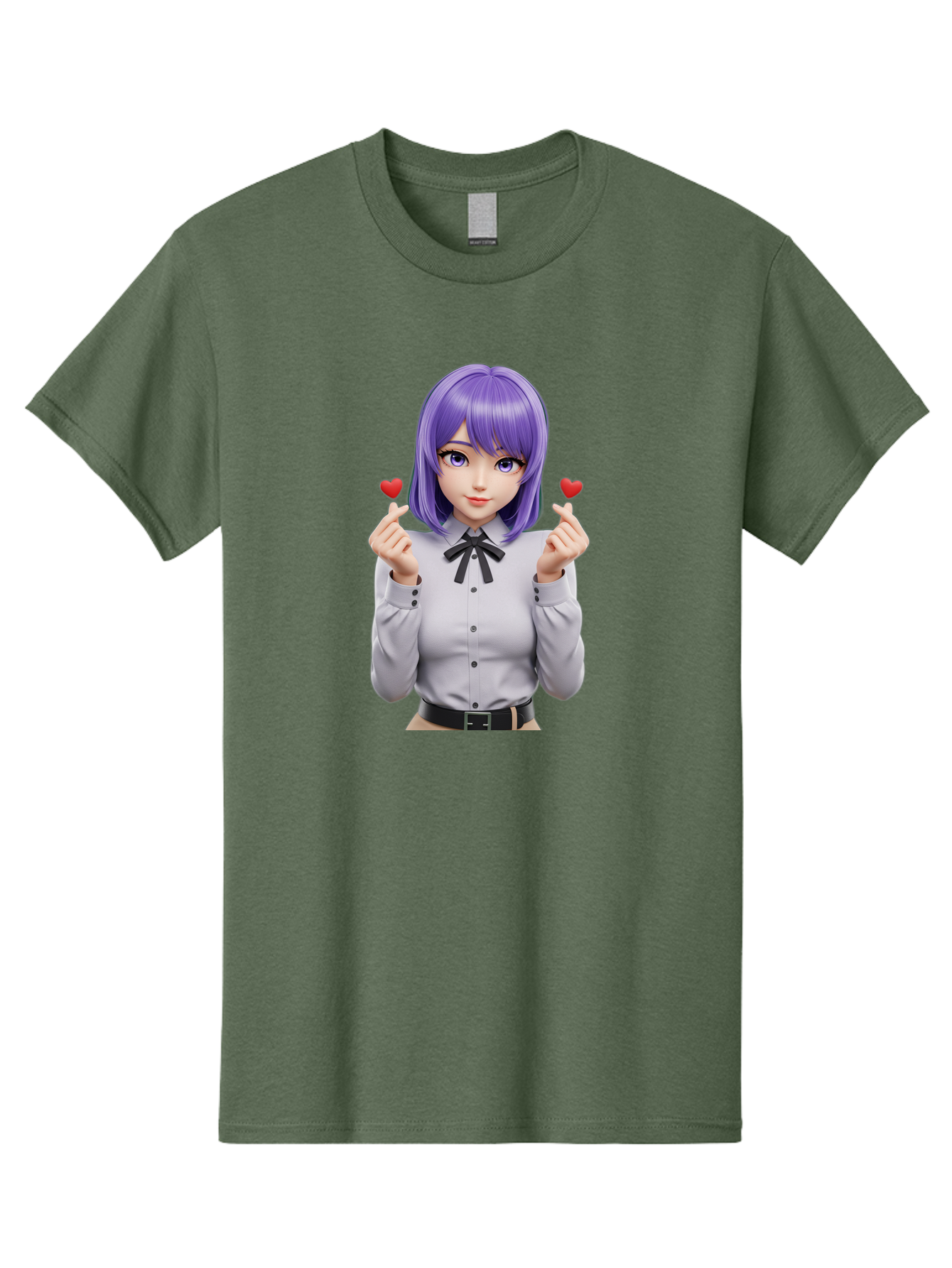Purple-Hair-Anime-Girl Men'S Graphic Tee, 100% Cotton, Comfortable Casual Summer Wear, Machine Washable, Anime Style Girl, Purple Hair, White Shirt, Black Bow, Hearts On Fingers, Cute Expression, 3D Rendering, Digital Art, Kawaii Character, Bac357