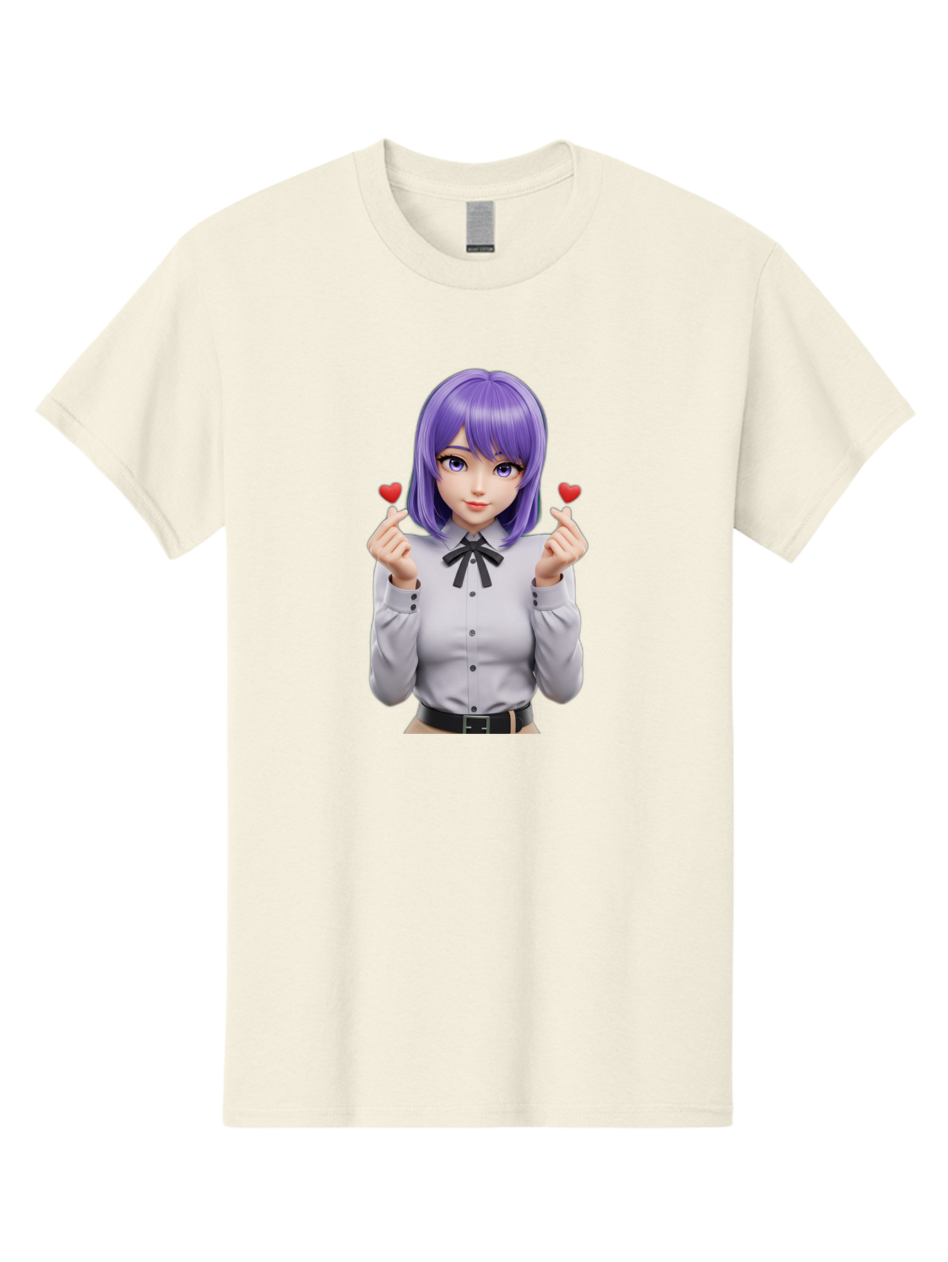 Purple-Hair-Anime-Girl Men'S Graphic Tee, 100% Cotton, Comfortable Casual Summer Wear, Machine Washable, Anime Style Girl, Purple Hair, White Shirt, Black Bow, Hearts On Fingers, Cute Expression, 3D Rendering, Digital Art, Kawaii Character, Bac357