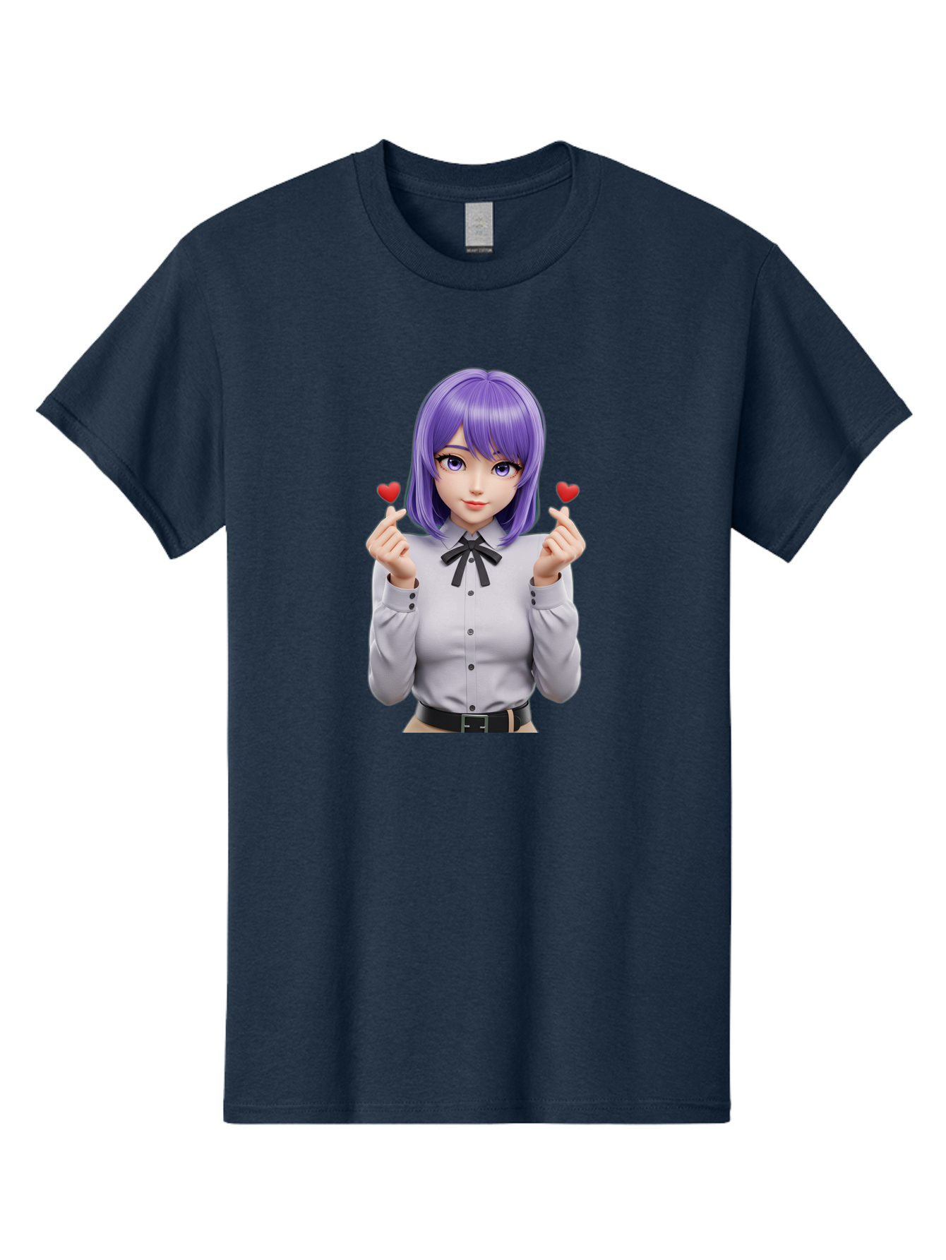Purple-Hair-Anime-Girl Men'S Graphic Tee, 100% Cotton, Comfortable Casual Summer Wear, Machine Washable, Anime Style Girl, Purple Hair, White Shirt, Black Bow, Hearts On Fingers, Cute Expression, 3D Rendering, Digital Art, Kawaii Character, Bac357