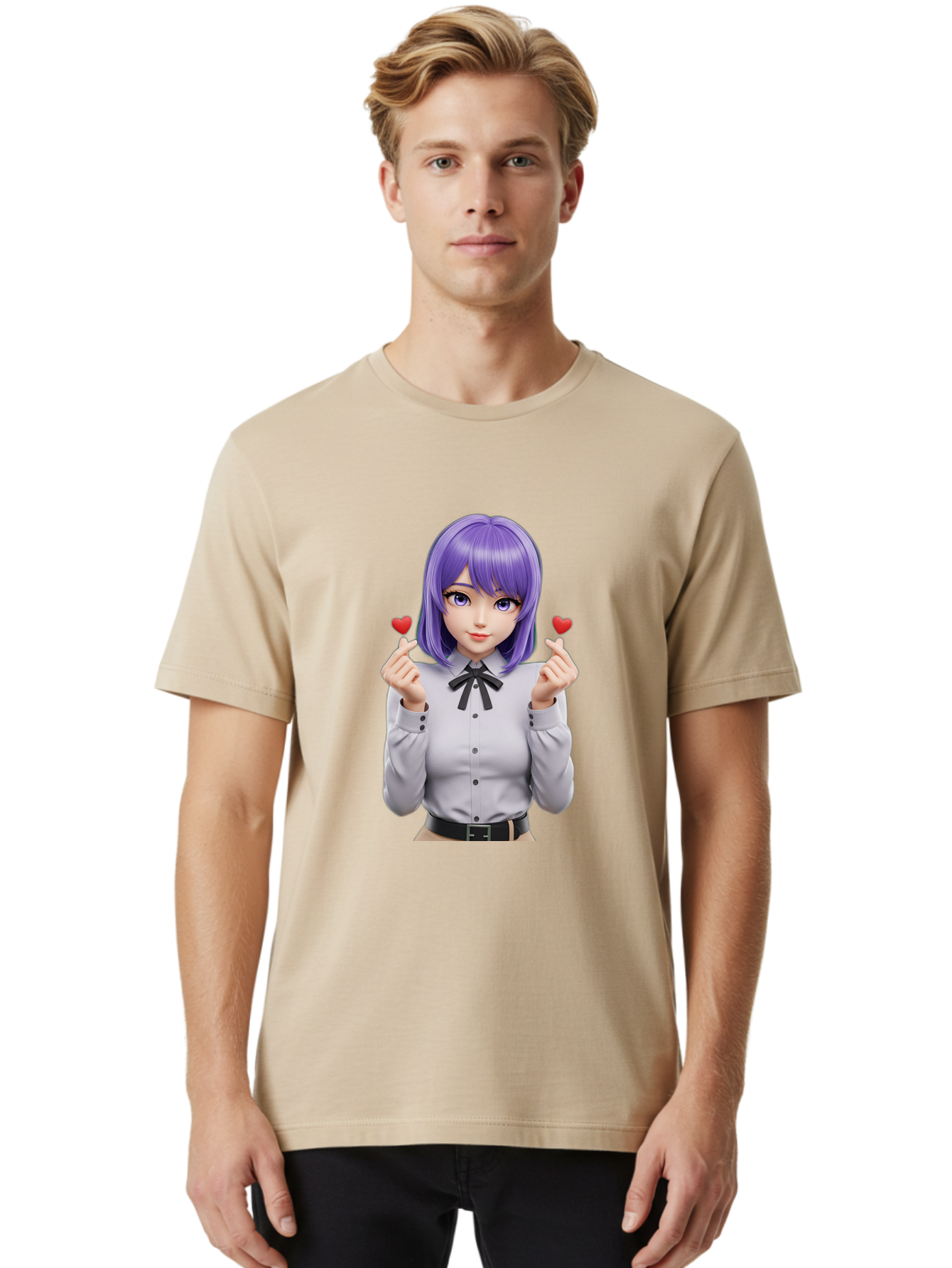 Purple-Hair-Anime-Girl Men'S Graphic Tee, 100% Cotton, Comfortable Casual Summer Wear, Machine Washable, Anime Style Girl, Purple Hair, White Shirt, Black Bow, Hearts On Fingers, Cute Expression, 3D Rendering, Digital Art, Kawaii Character, Bac357