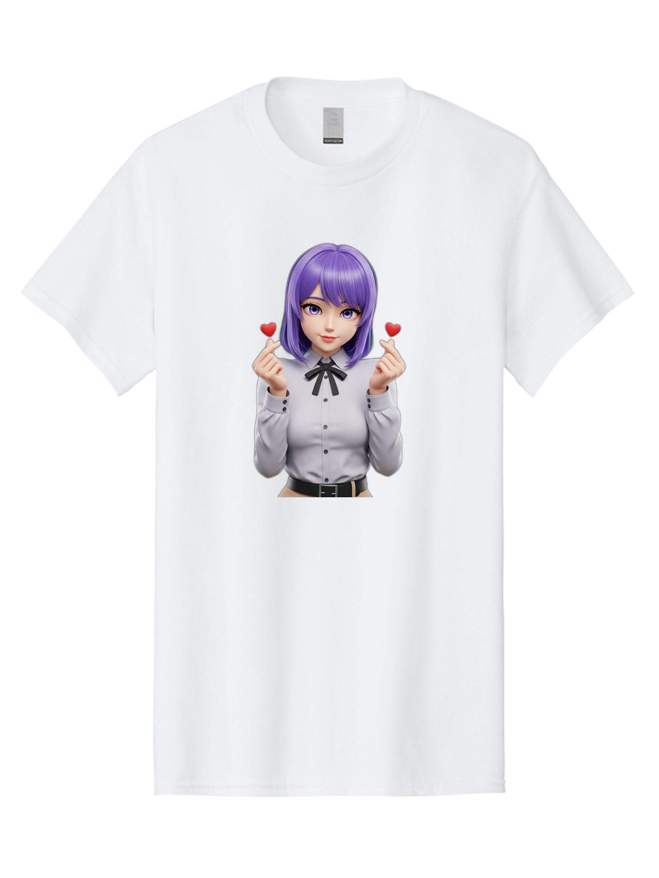Purple-Hair-Anime-Girl Men'S Graphic Tee, 100% Cotton, Comfortable Casual Summer Wear, Machine Washable, Anime Style Girl, Purple Hair, White Shirt, Black Bow, Hearts On Fingers, Cute Expression, 3D Rendering, Digital Art, Kawaii Character, Bac357