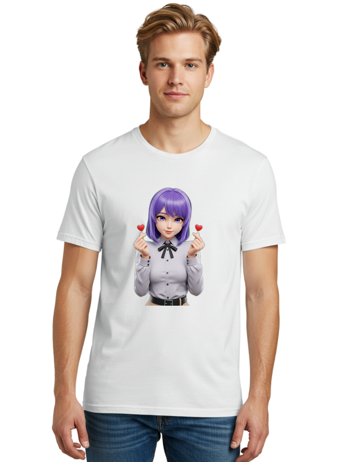 Purple-Hair-Anime-Girl Men'S Graphic Tee, 100% Cotton, Comfortable Casual Summer Wear, Machine Washable, Anime Style Girl, Purple Hair, White Shirt, Black Bow, Hearts On Fingers, Cute Expression, 3D Rendering, Digital Art, Kawaii Character, Bac357