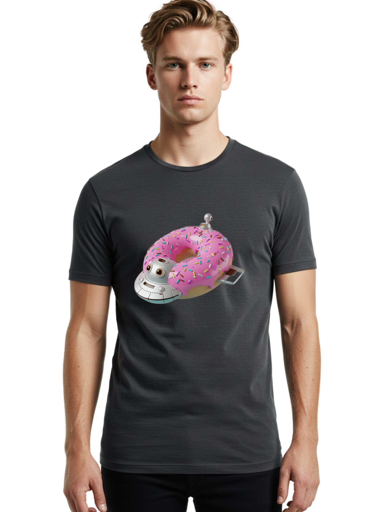 R2D2-Donut Men'S Graphic Tee, 100% Cotton, Comfortable Casual Summer Wear, Machine Washable, Pink Frosted Donut, Rainbow Sprinkles, R2D2 Robot, Star Wars Character, Sweet Treats, Whimsical Design, Playful Illustration, Colorful Dessert, Bac359
