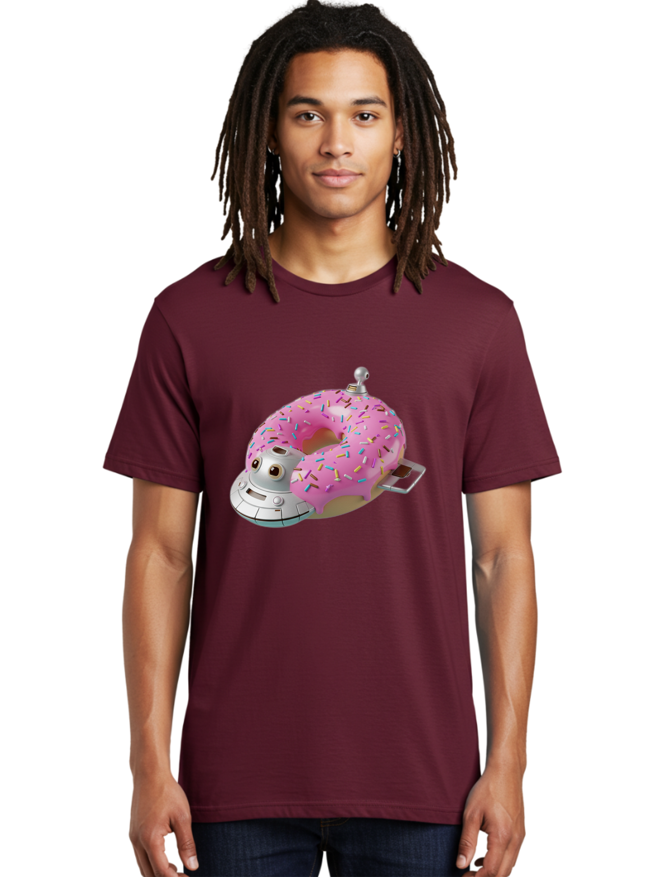 R2D2-Donut Men'S Graphic Tee, 100% Cotton, Comfortable Casual Summer Wear, Machine Washable, Pink Frosted Donut, Rainbow Sprinkles, R2D2 Robot, Star Wars Character, Sweet Treats, Whimsical Design, Playful Illustration, Colorful Dessert, Bac359