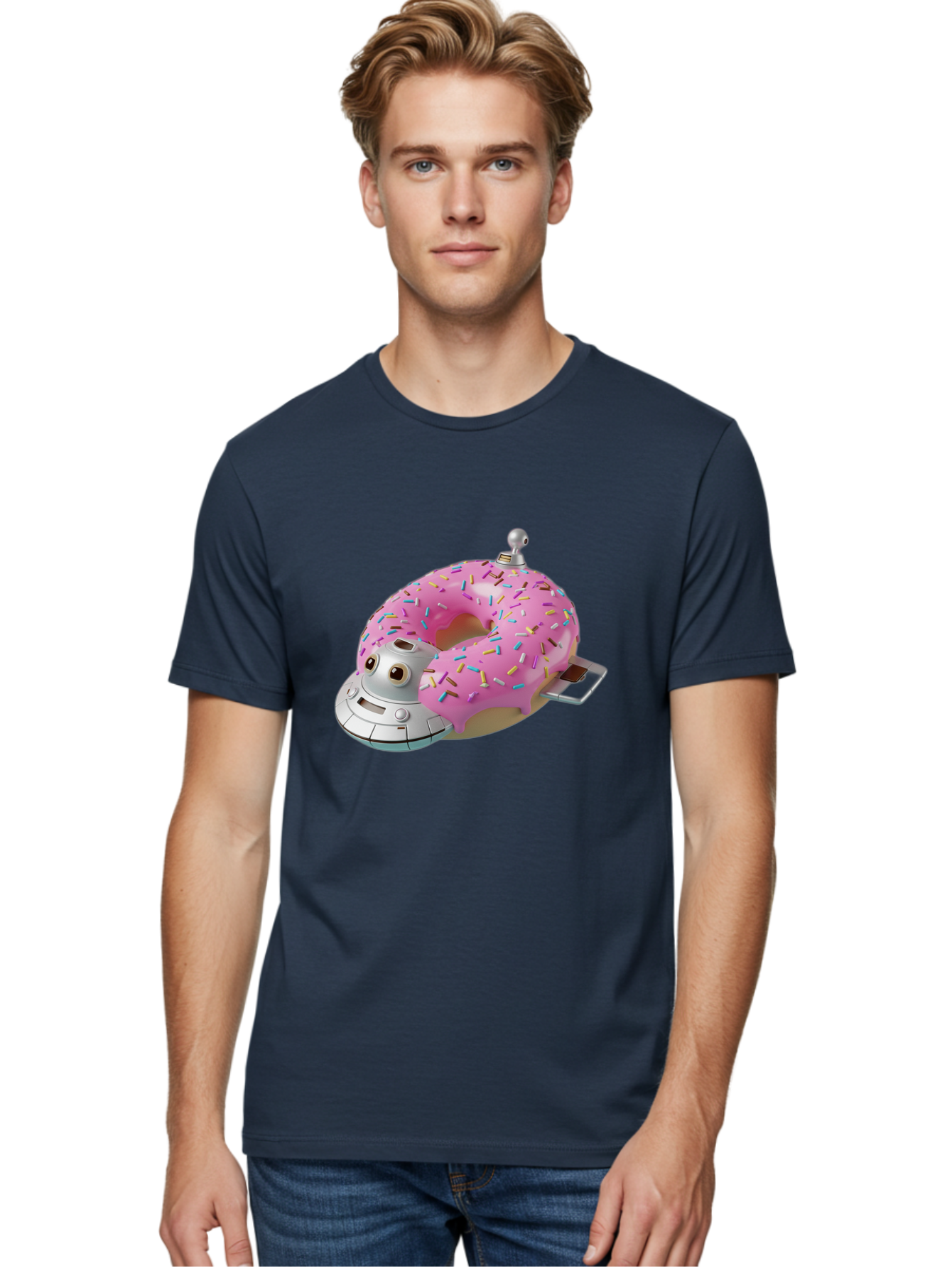 R2D2-Donut Men'S Graphic Tee, 100% Cotton, Comfortable Casual Summer Wear, Machine Washable, Pink Frosted Donut, Rainbow Sprinkles, R2D2 Robot, Star Wars Character, Sweet Treats, Whimsical Design, Playful Illustration, Colorful Dessert, Bac359