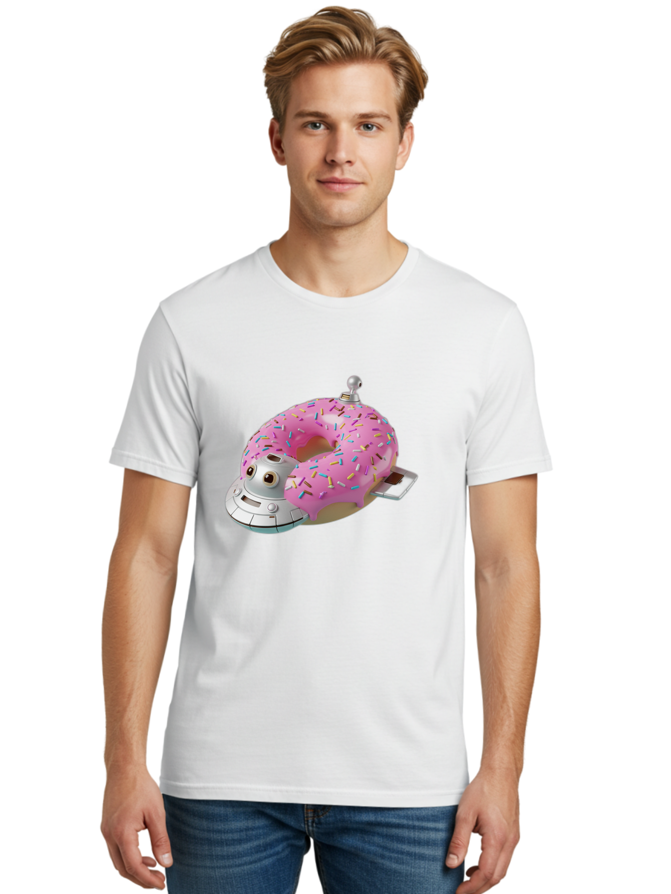 R2D2-Donut Men'S Graphic Tee, 100% Cotton, Comfortable Casual Summer Wear, Machine Washable, Pink Frosted Donut, Rainbow Sprinkles, R2D2 Robot, Star Wars Character, Sweet Treats, Whimsical Design, Playful Illustration, Colorful Dessert, Bac359