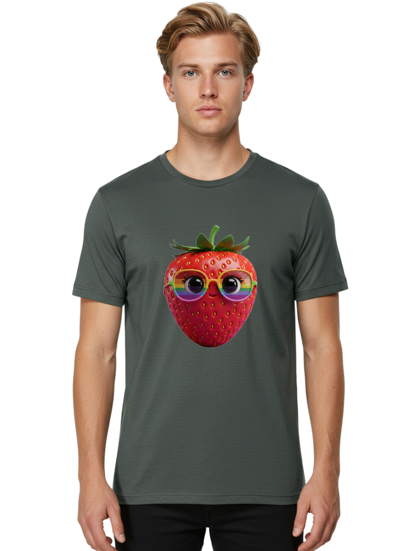 Rainbow-Strawberry Men'S Graphic Tee, 100% Cotton, Comfortable Casual Summer Wear, Machine Washable, Strawberry With Glasses, Rainbow Reflection, Cute Cartoon Character, Fun Fruit, Vibrant Colors, Playful Design, Summer Vibes, Sweet Treat, Bac360