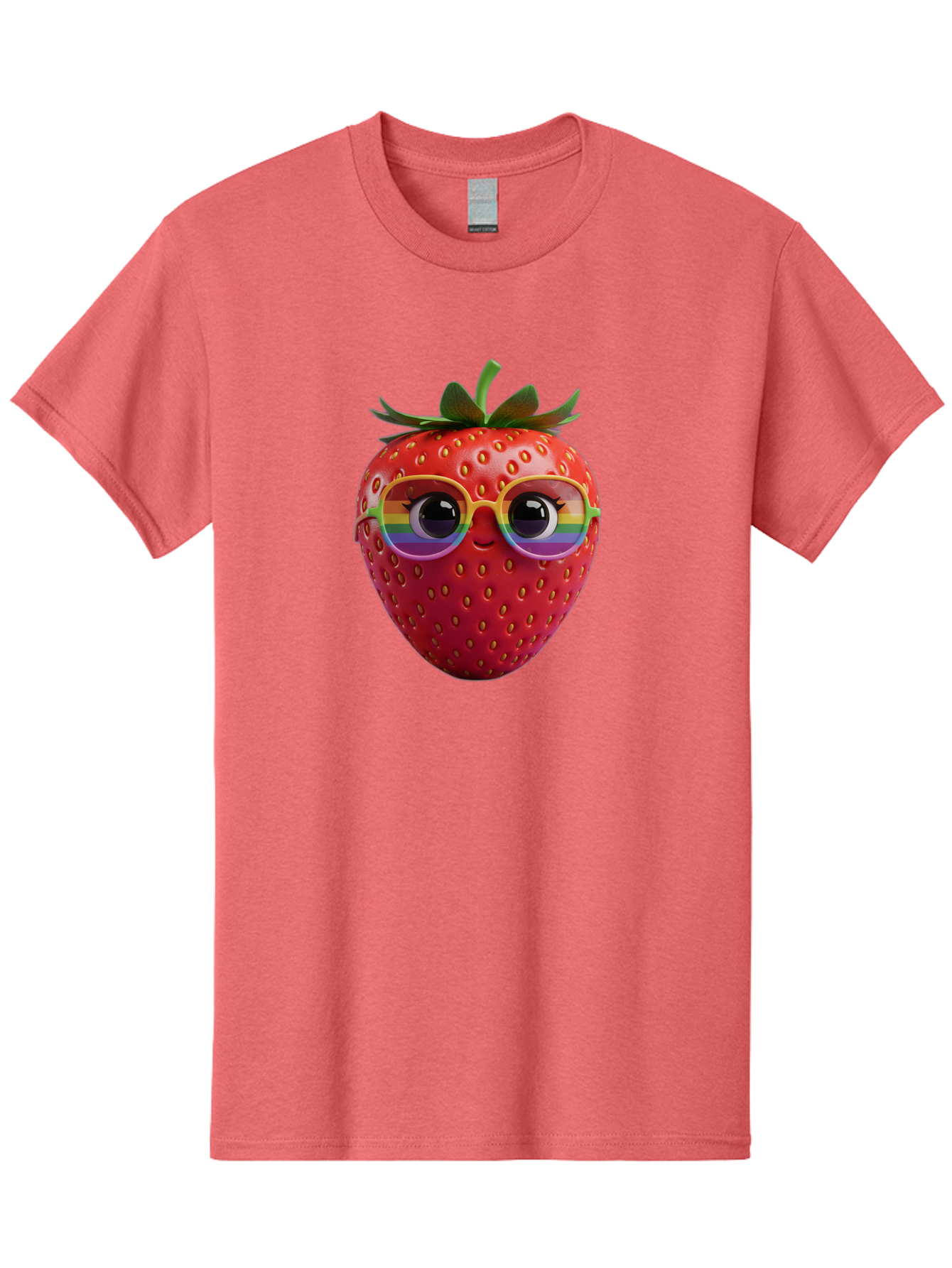 Rainbow-Strawberry Men'S Graphic Tee, 100% Cotton, Comfortable Casual Summer Wear, Machine Washable, Strawberry With Glasses, Rainbow Reflection, Cute Cartoon Character, Fun Fruit, Vibrant Colors, Playful Design, Summer Vibes, Sweet Treat, Bac360